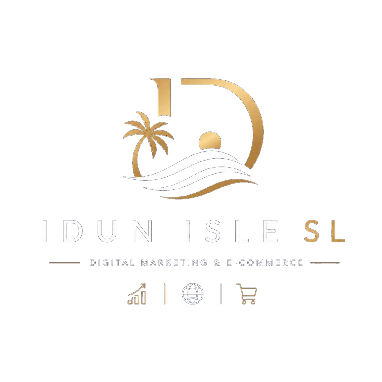 A digital graphic featuring a large stylized letter 'D' with a palm tree, a sun, and waves inside it. Below, the text reads 'IDUN ISLE SL' with the subtitle 'Digital Marketing & E-Commerce.' Icons of a graph, globe, and shopping cart are also displayed.