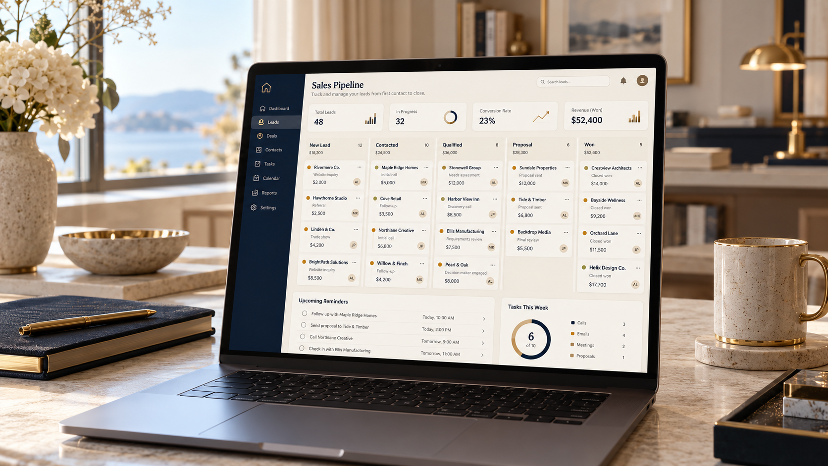Illustrative CRM follow-up dashboard — AI-generated interface and sample data.