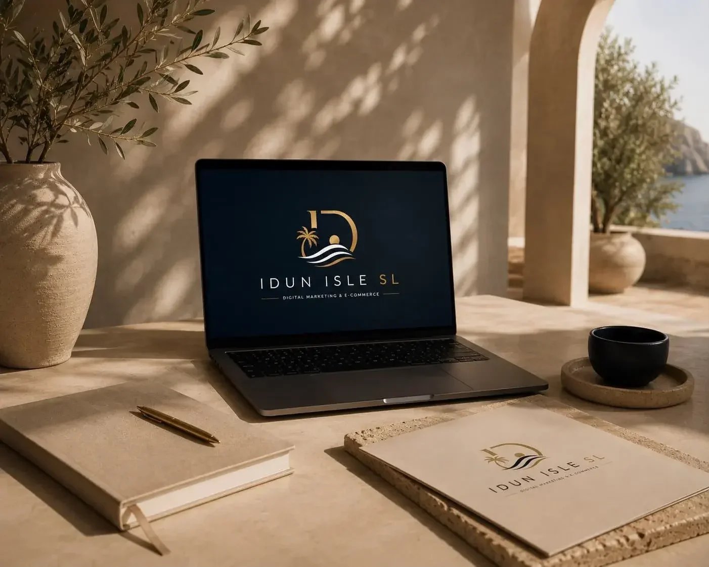 A laptop displaying the IDUN ISLE SL digital marketing and e-commerce logo, on a beige desk with a notebook, pen, and a brochure. There are two potted plants and an ocean view in the background with an arched opening.