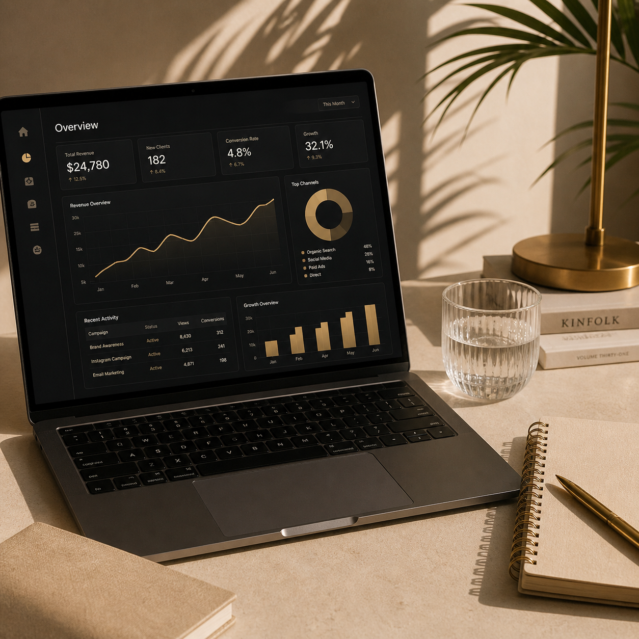 A laptop on a desk displaying business analytics with line and bar graphs, a glass of water, a gold lamp, a stack of books, a notebook, and a gold pen.