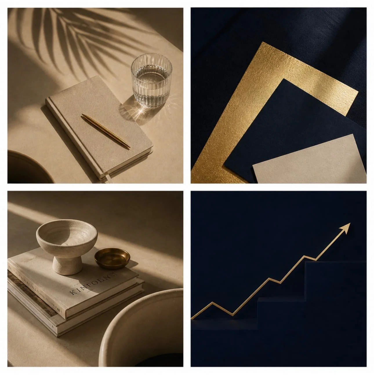 A collage of four images, each featuring elegant, minimalistic decor. The top left shows a beige notebook with a gold pen and a glass of water with shadows cast from a plant. The top right displays navy and gold textured paper or fabric samples. The bottom left features a stack of magazines with a white ceramic bowl and a small brass dish on top. The bottom right shows a dark background with a gold upward-trending arrow graph.