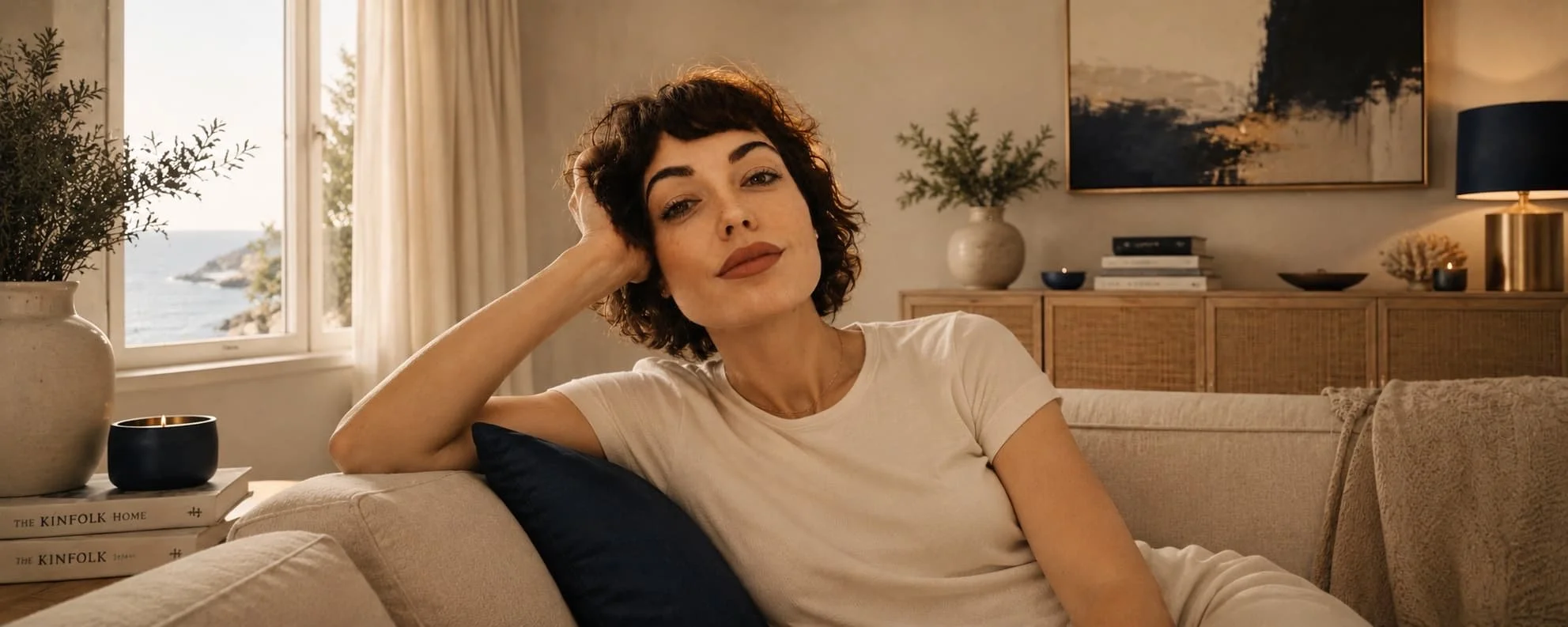 Founder of IDUN ISLE SL sitting on a beige couch with views to the coast of Los Angeles, California
