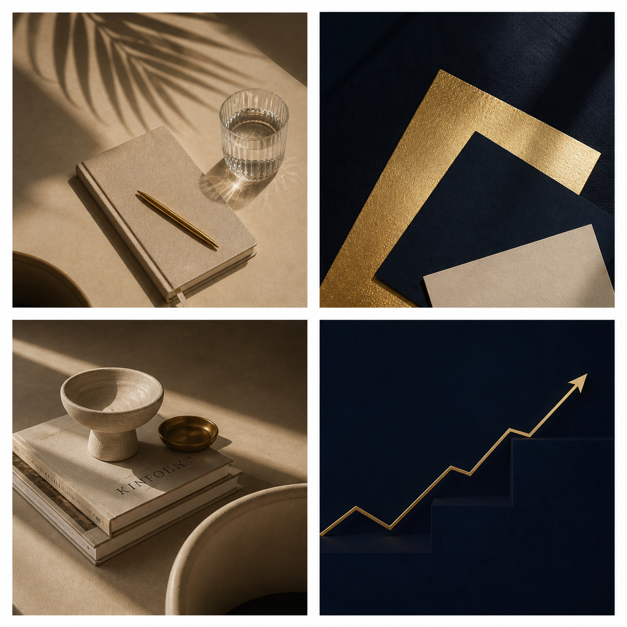 A collage of four photos featuring business and work-related items: top left shows a notebook, pen, and glass of water on a beige surface with a shadow of a plant; top right displays stacked dark navy and gold papers or folders with textured surfaces; bottom left has a stack of books, a small shallow bowl, and a ceramic bowl on a beige surface; bottom right depicts a dark background with a gold upward-trending line graph.