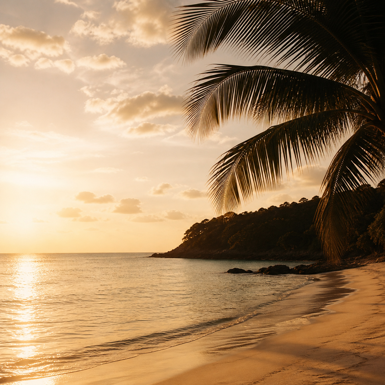 Sunset over a tropical beach with a palm tree in the foreground and a hillside in the background.