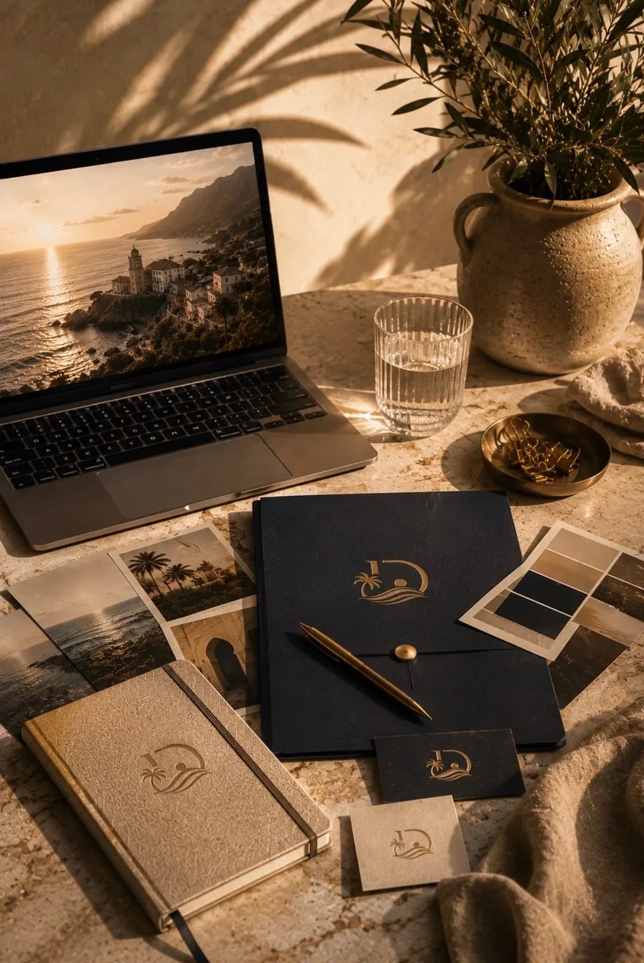 A desk scene with a laptop displaying a scenic coastal sunset, a glass of water, a large potted plant, photo prints of beaches, a closed notebook with a logo, and stationery items including a pen and business cards with a palm tree and wave logo.