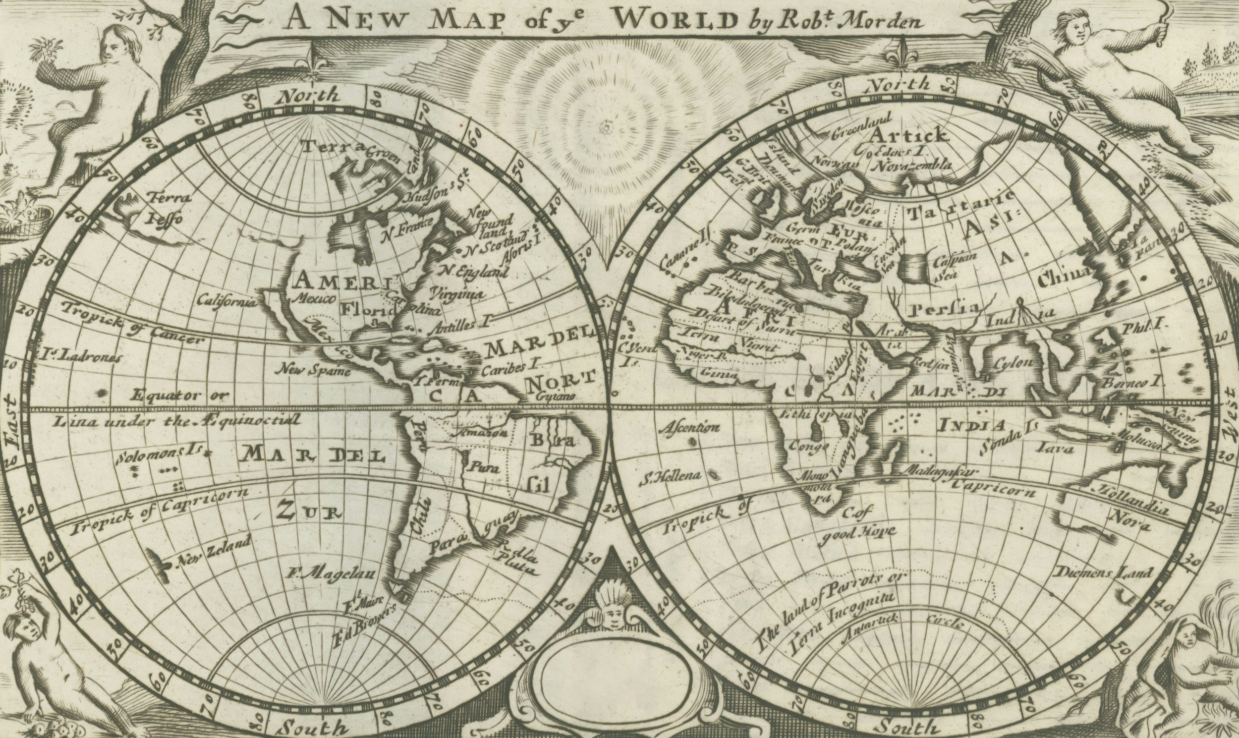 An old illustrated map titled 'A New Map of the World by Rob: Morden,' depicting continents, regions, and ocean areas with decorative elements including cherubs and mythological figures.