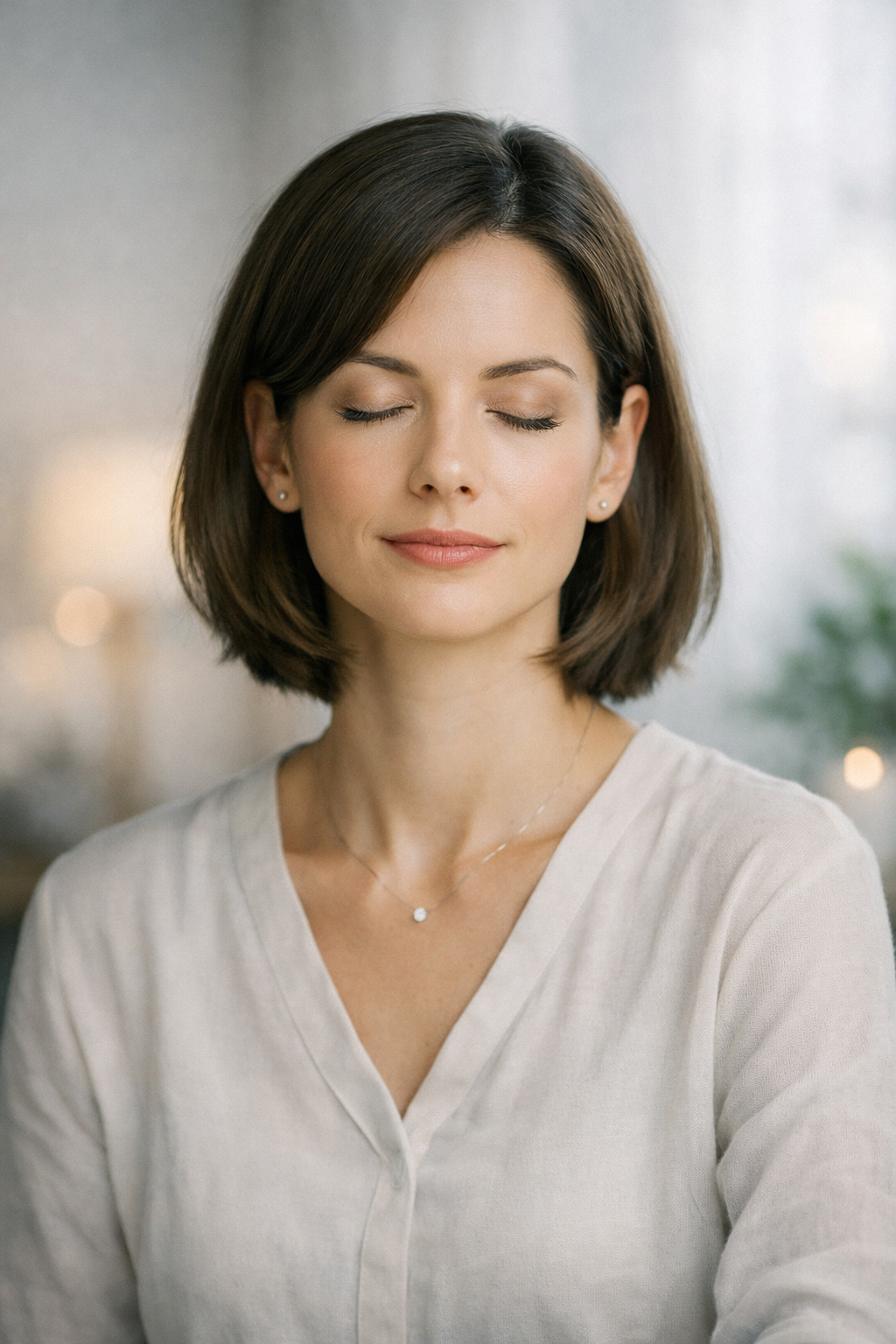 A woman with brown hair and a peaceful expression, eyes closed, wearing a white top and a delicate necklace, in a softly lit indoor setting.