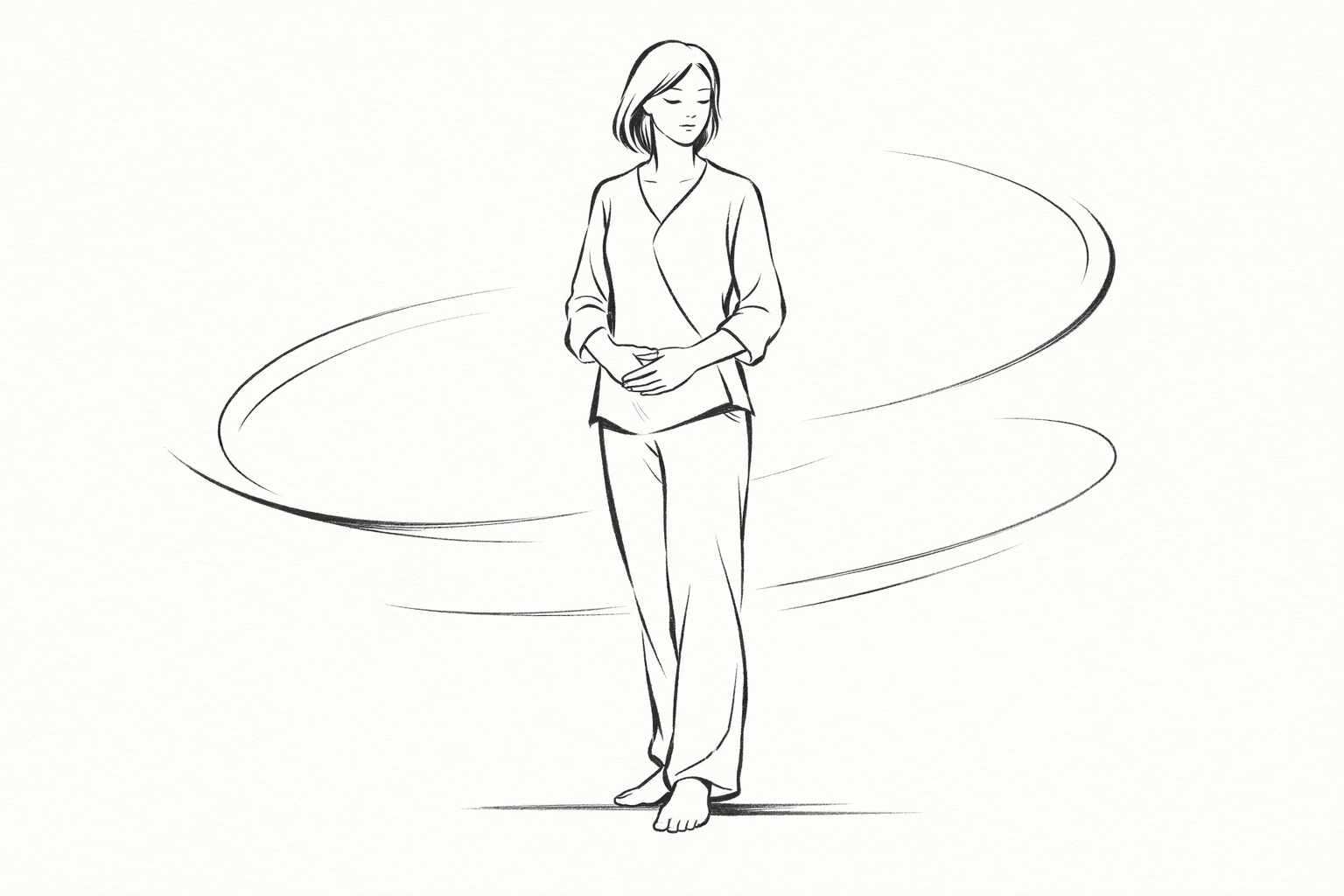 Line drawing of a woman walking with closed eyes, wearing a long-sleeved top and pants, walking barefoot, with swirling lines around her.