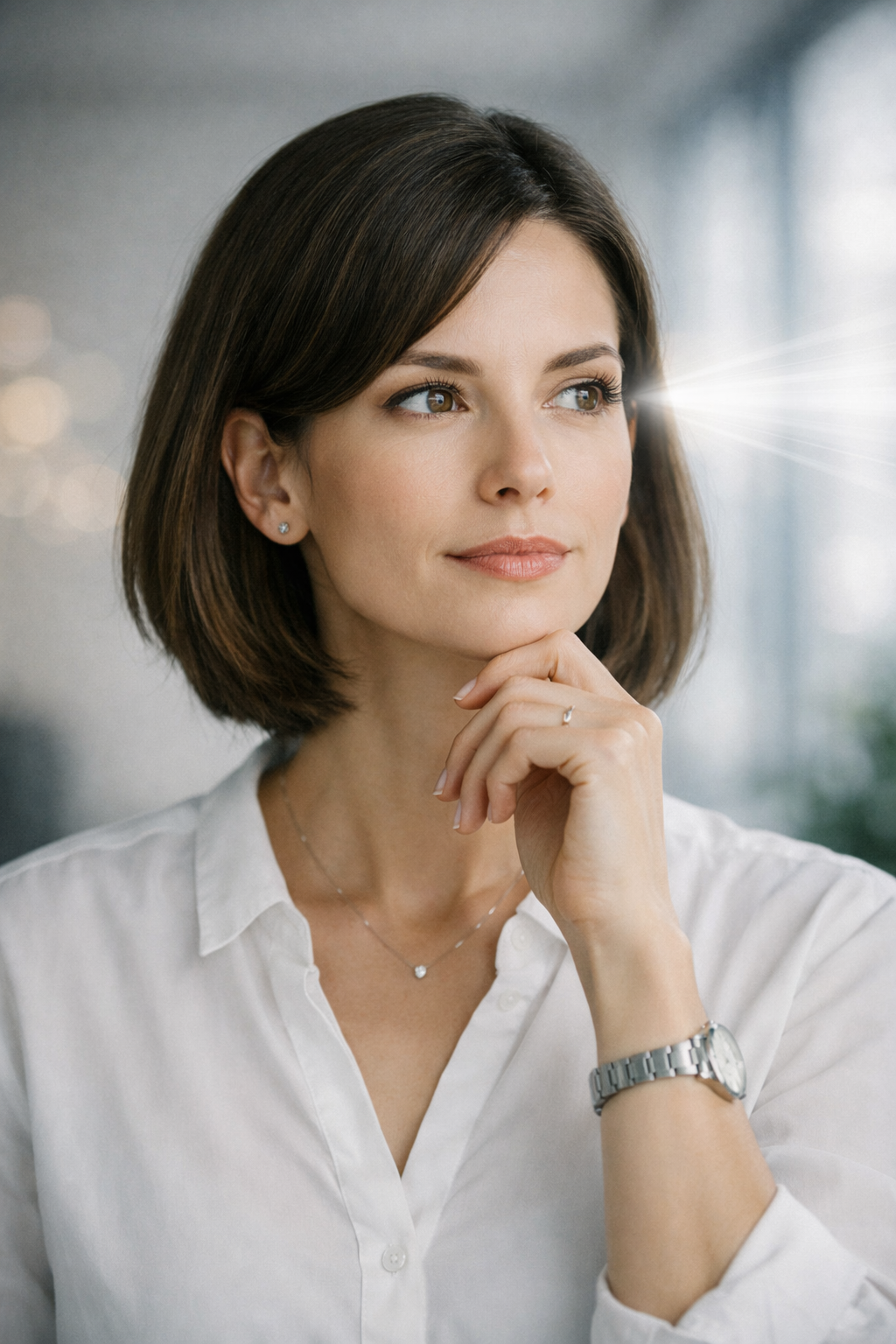 A woman with shoulder-length brown hair, wearing a white shirt, a watch, and a necklace, is looking thoughtfully to the side with a faint smile.