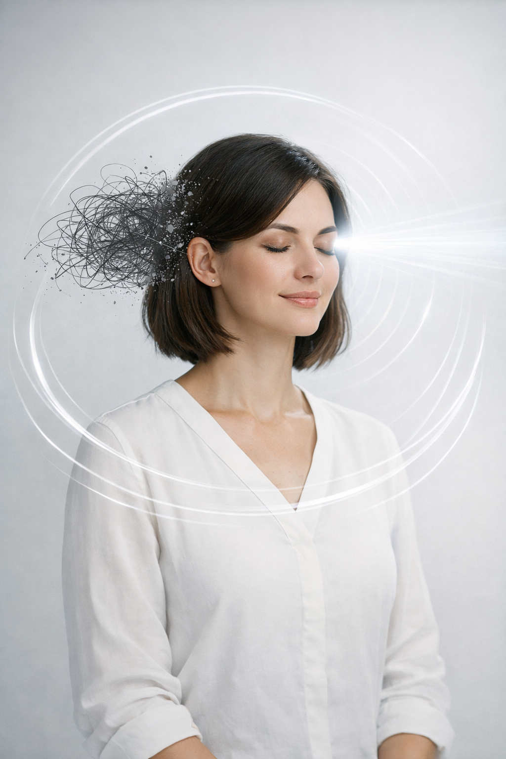 A woman with closed eyes, smiling slightly, has dark hair and is wearing a white top, surrounded by digital graphic effects depicting a contrast between chaos and calm, with a bright light emanating from her eye.