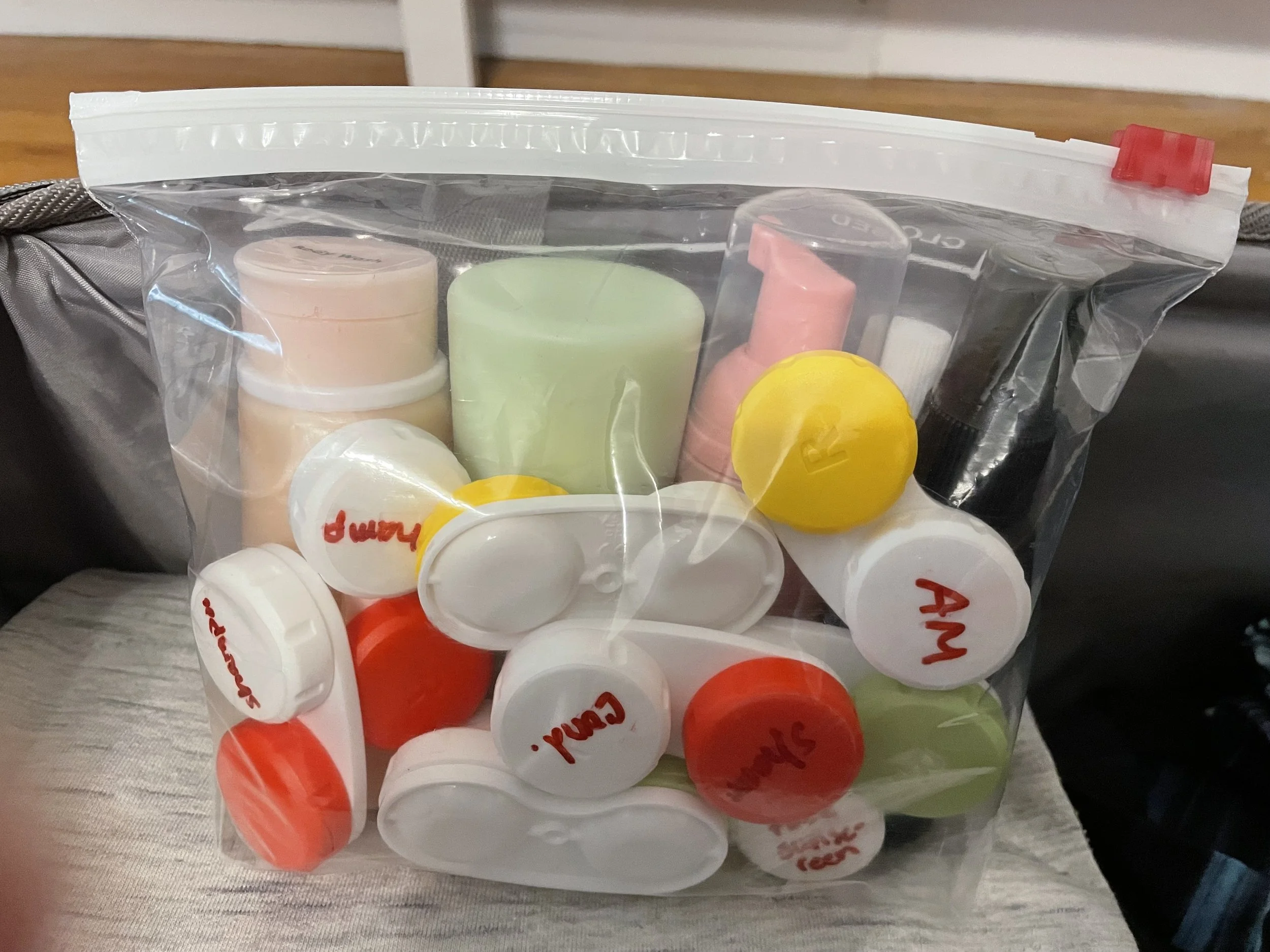 A small toiletry bag used to appied by TSA rules for flying