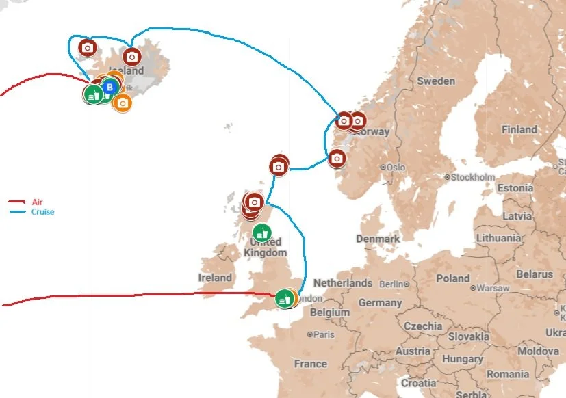 Map of a cruise route from London, United Kingdom, to various destinations in Norway, including Oslo, Bergen, and Stavanger, marked with cruise icons, and from Norway to Iceland and the Faroe Islands, showing air routes marked with red lines.