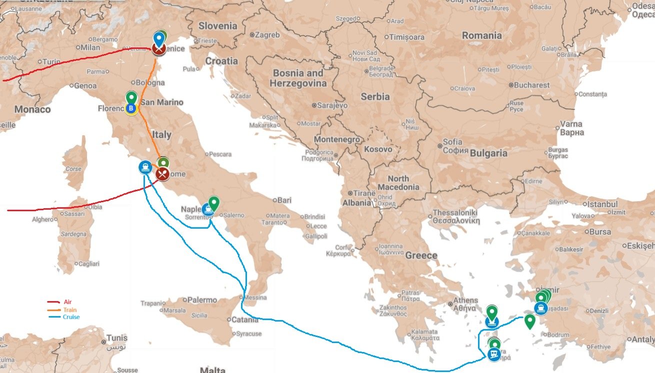 Map of Italy and surrounding countries showing travel routes: a blue cruise route along the Italian coast with ports in Catania, Messina, and Naples; a red air route from Venice to Rome; and an orange train route from Florence to Venice and Rome.