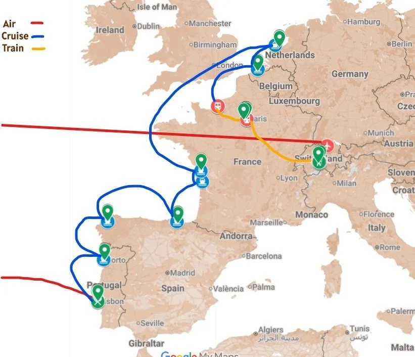 Map of Europe showing travel routes by air, cruise, and train. The routes are marked with red, blue, and yellow lines, respectively, connecting cities across the continent.