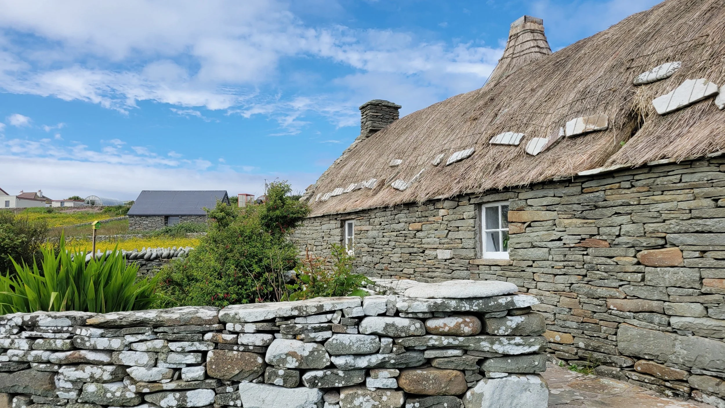 A stone cottage with a thatched roof and small windows, surrounded by a garden with lush green plants and a stone wall in the foreground under a partly cloudy sky.