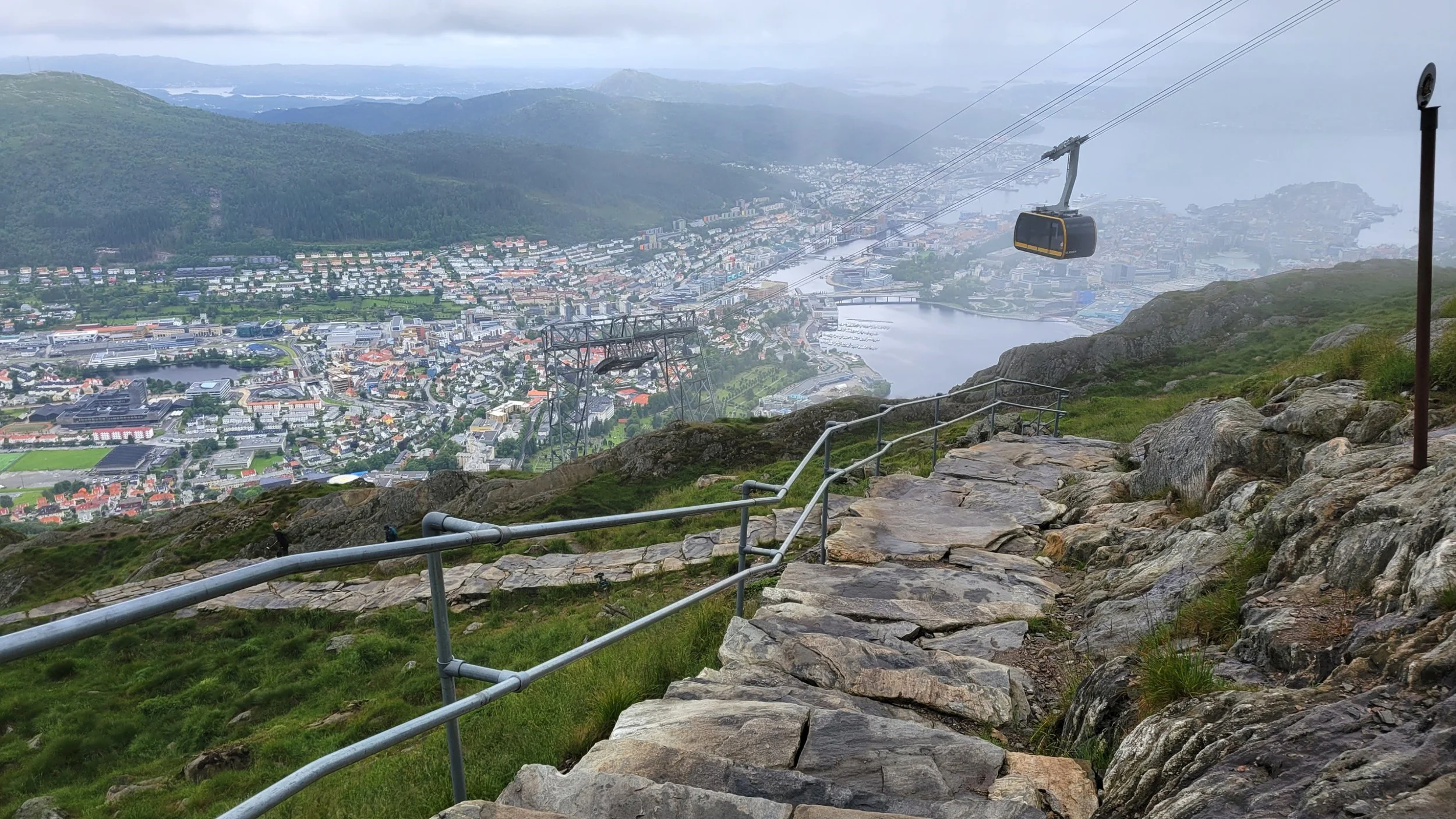 View from a mountain overlook showing a city below, a cable car in motion across the sky, and mountainous terrain in the background.