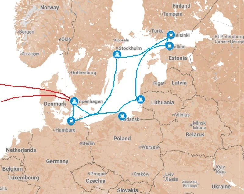Map of Northern Europe showing a route between several cities including Copenhagen, Stockholm, Helsinki, Tallinn, Riga, and Vilnius, with a section of red lines near Denmark.