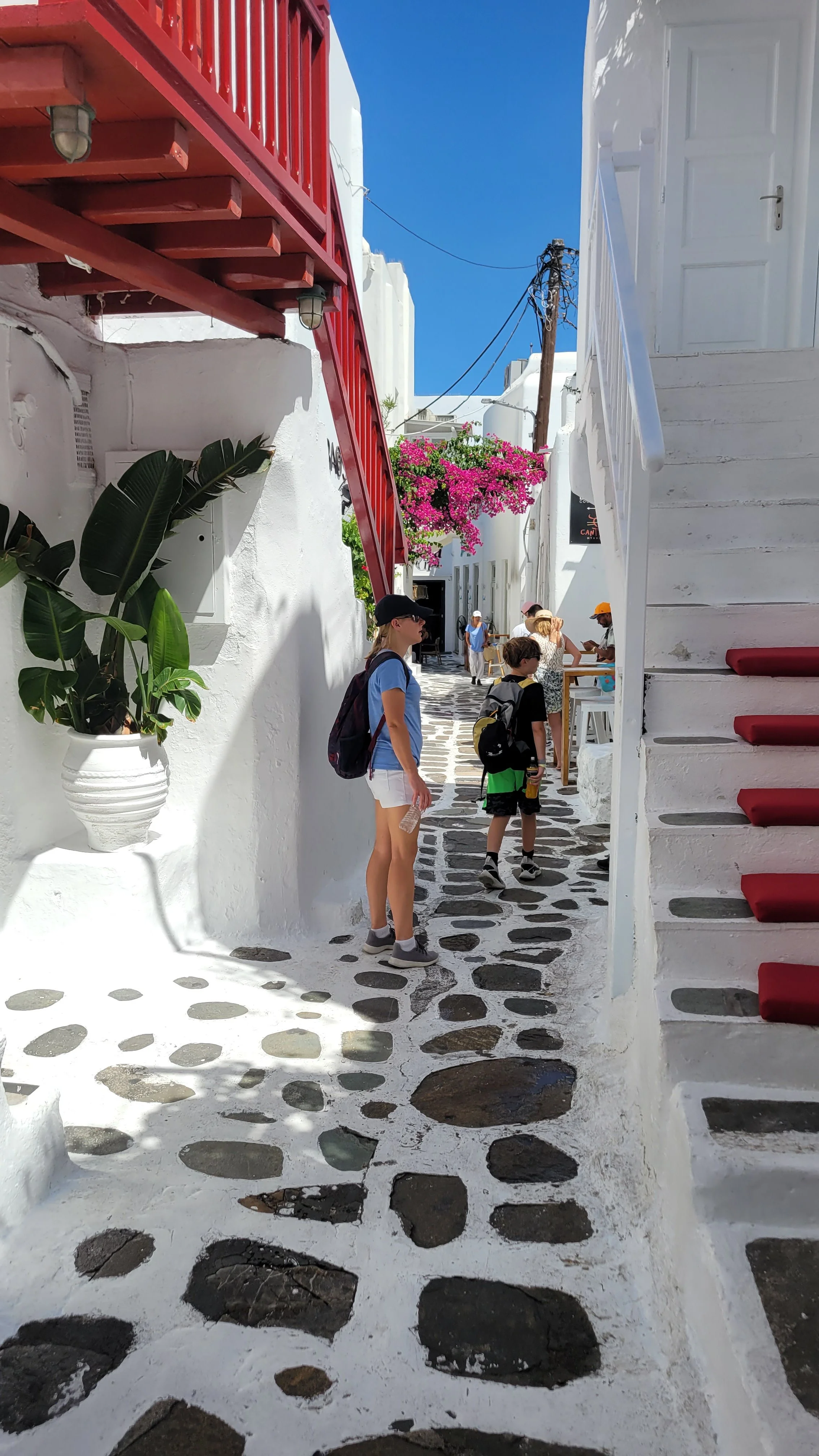 People walking in a narrow, whitewashed street with black and white patterned cobblestones, in a Greek island setting, with white buildings, a staircase, potted plants, and flowers. Mykonos, Greece