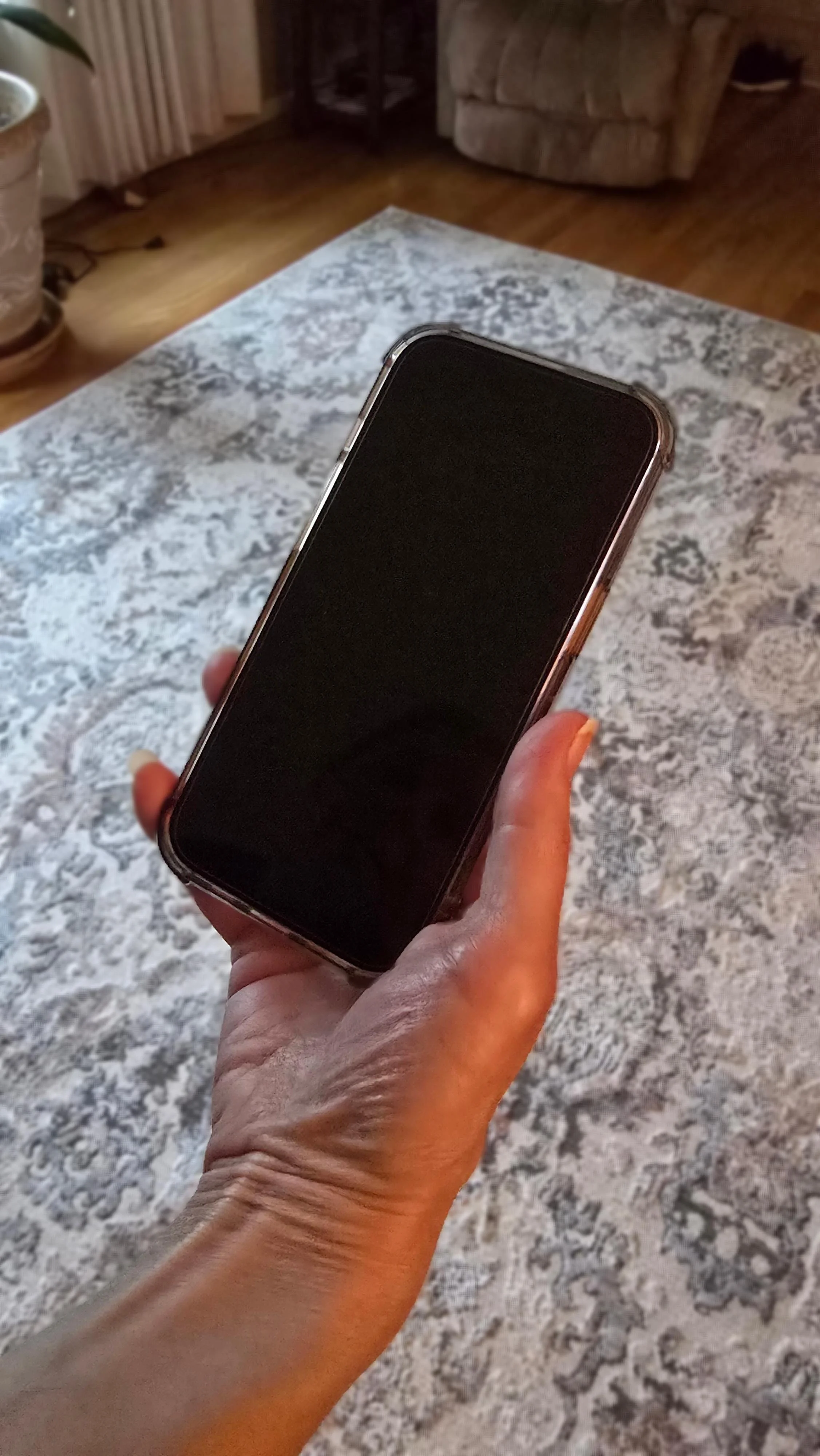 A person's hand holding a black smartphone with a blank screen in a living room with a patterned rug, a beige sofa, and a wooden floor.