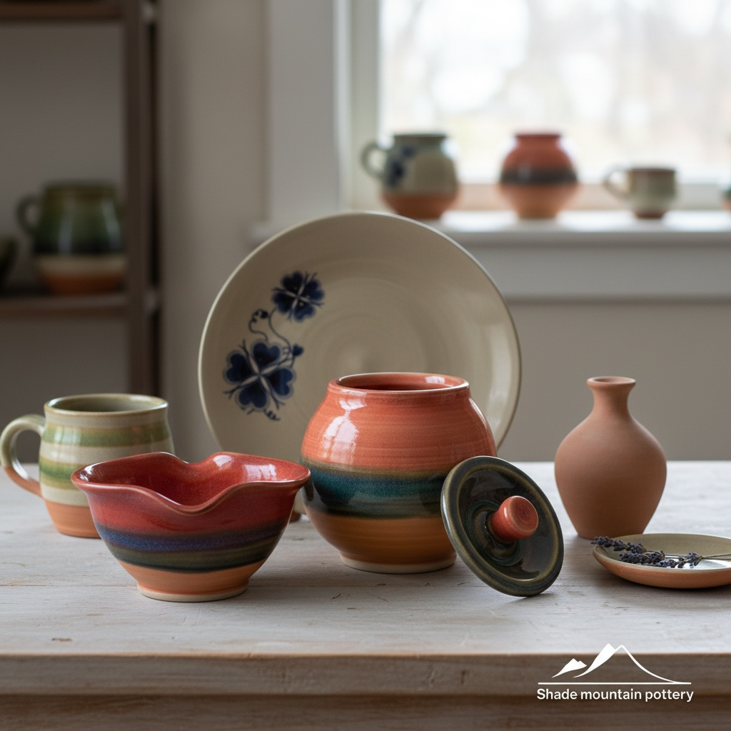 Collection of colorful ceramic pottery including bowls, vases, and a plate on a wooden table with a window in the background.