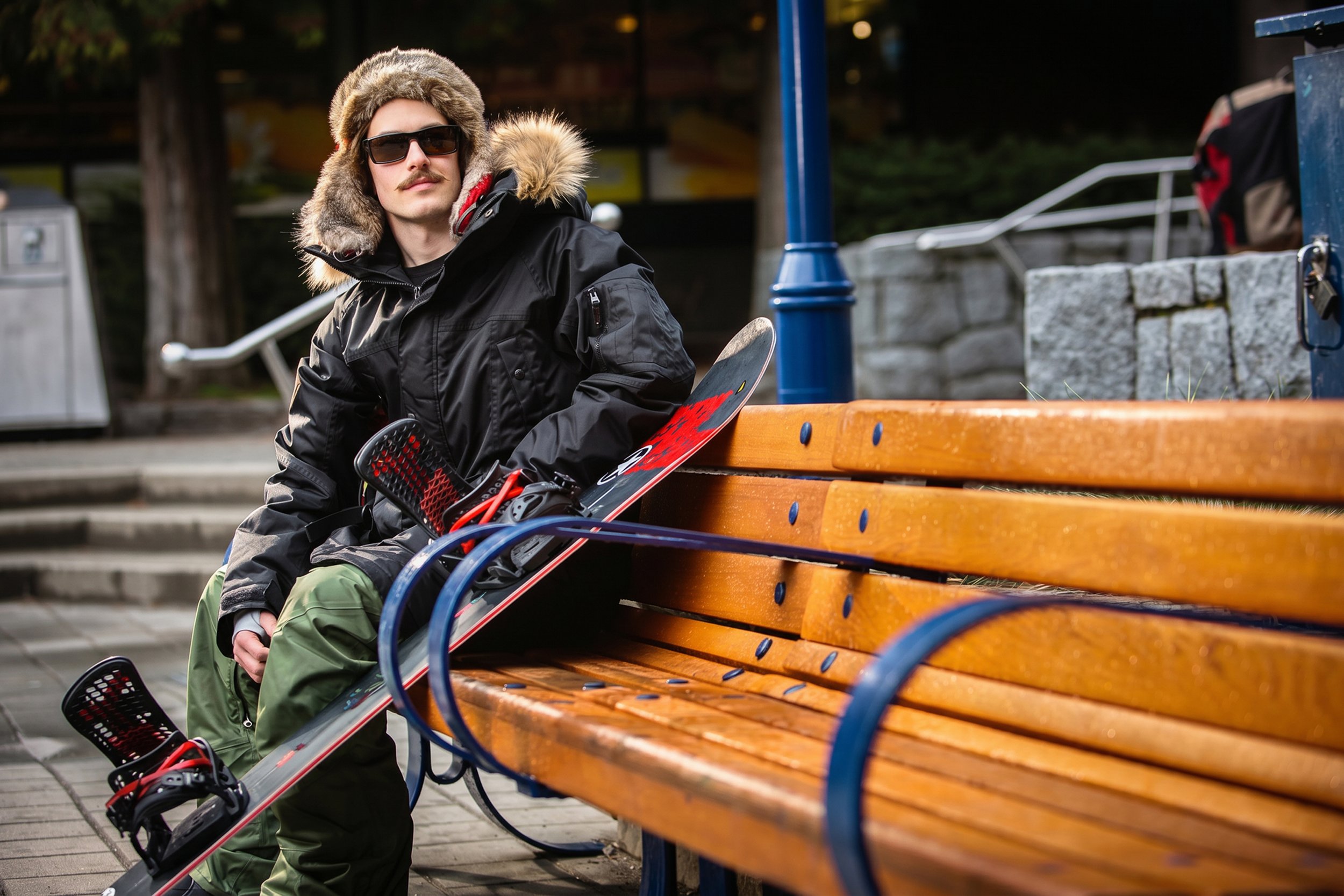 snowboard-parka-lifestyle-male-black-fur-hood-snowboard-bench-04.jpg