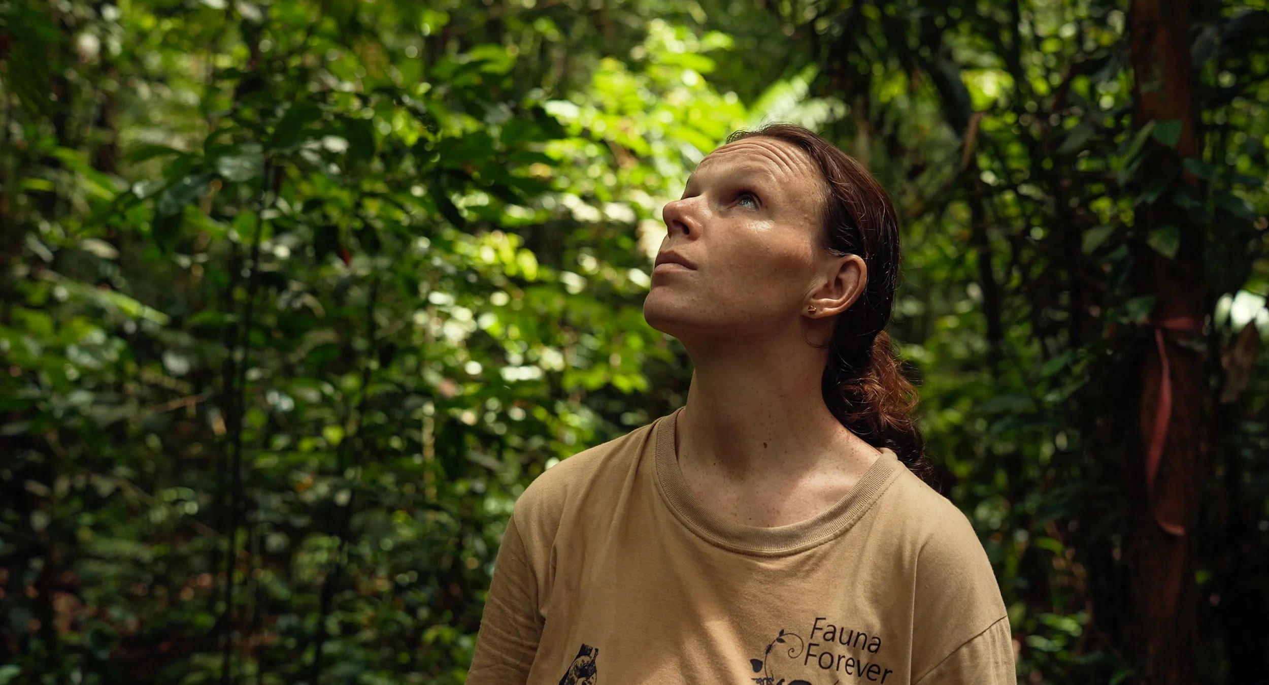 Nadine Holmes, a woman with long brown hair and light skin looking up, standing in a lush green forest, wearing a tan T-shirt with a logo and text about Fauna Forever, a NGO in the lowland amazon rainforest in Peru