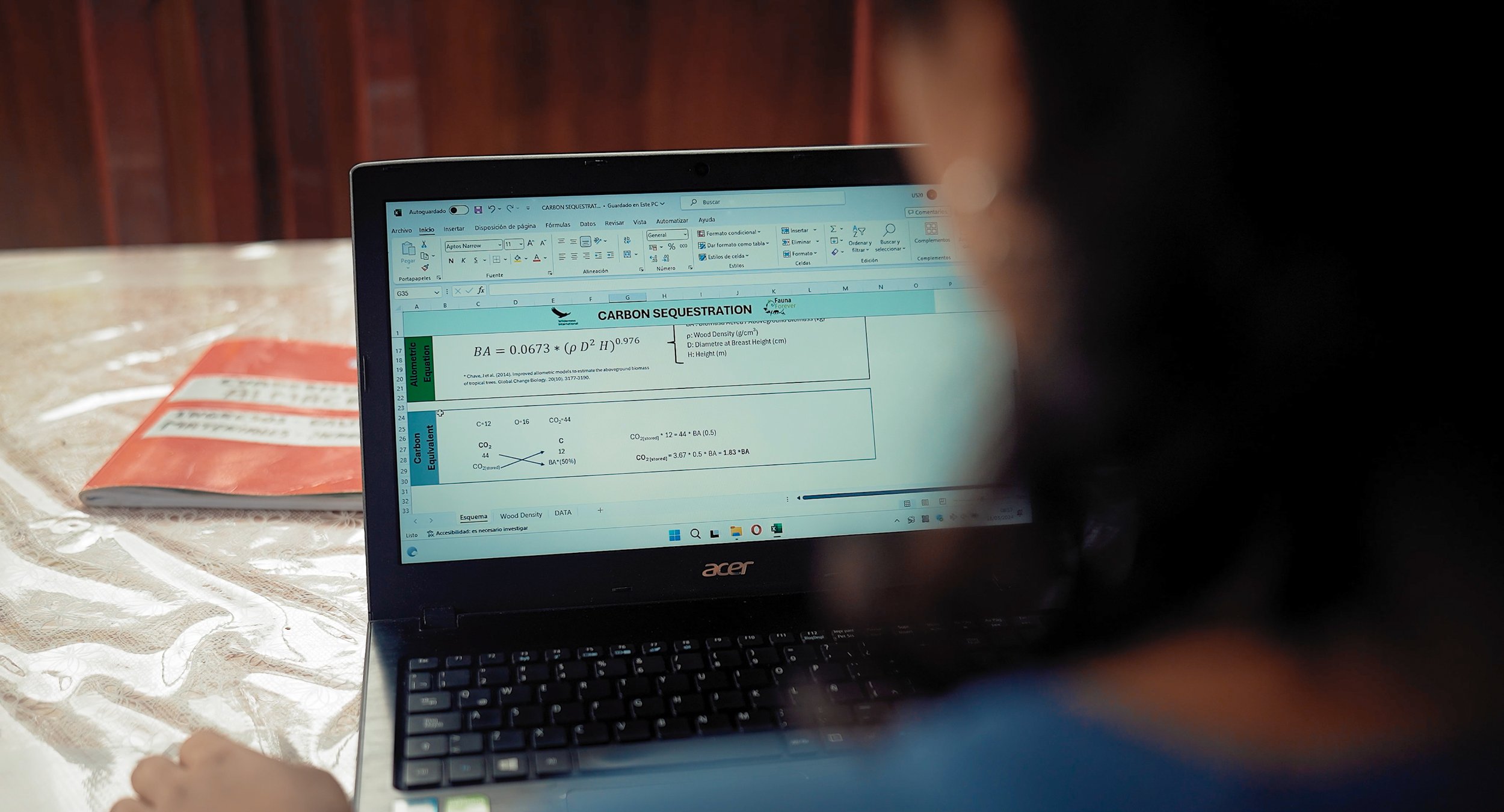 A laptop displaying a document titled 'Carbon Sequestration' with scientific formulas and data. The laptop is placed on a table and part of a hand is visible in the bottom left corner. NGO Wilderness International und NGO Fauna Forever working togeth