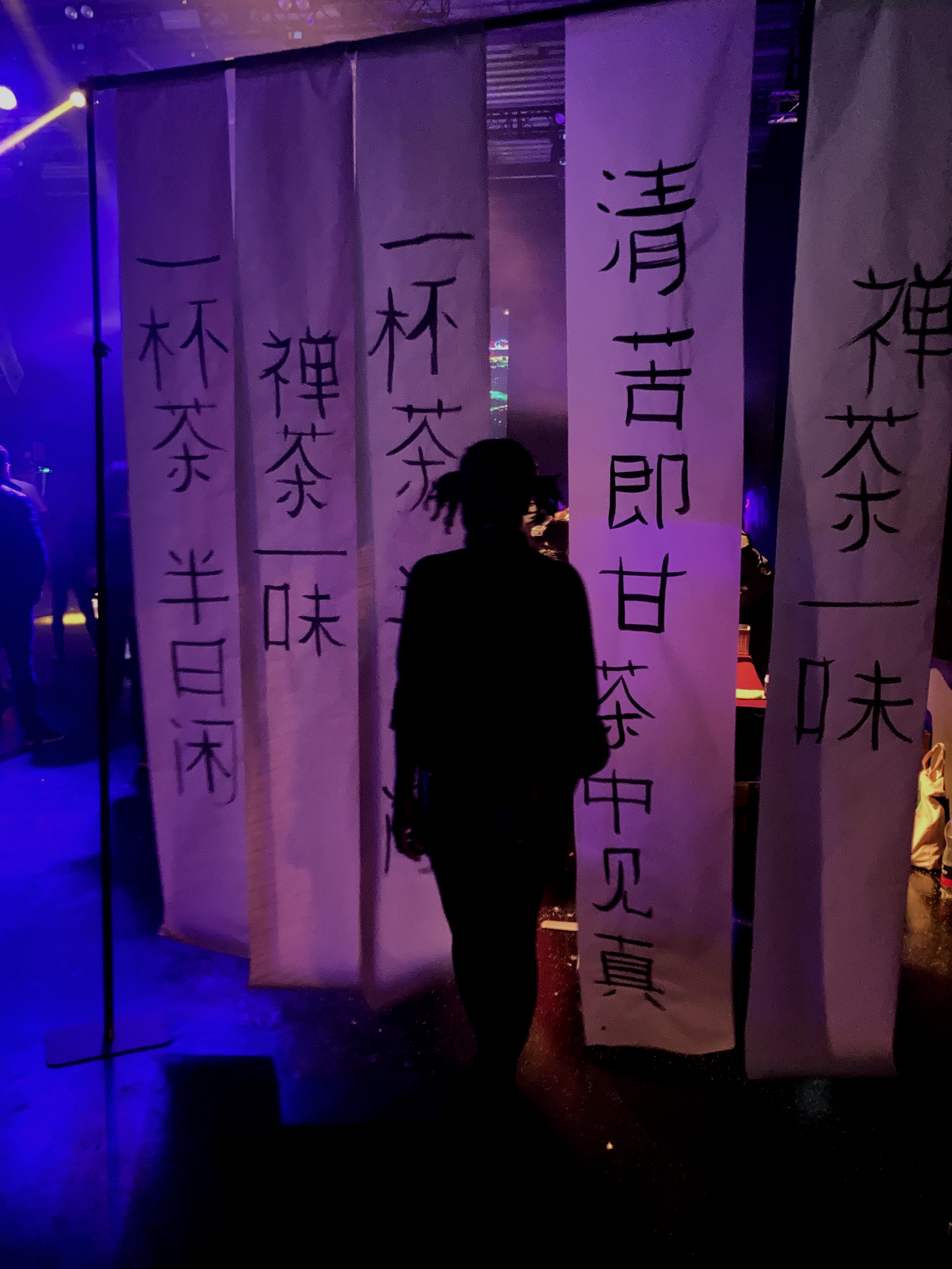 A dark room with hanging cloth banners with Chinese characters written on them in black ink. Silhouettes of people are visible, including a person with twin pigtails standing in front of the banners. Colored lights illuminate the scene, creating a vibrant atmosphere.