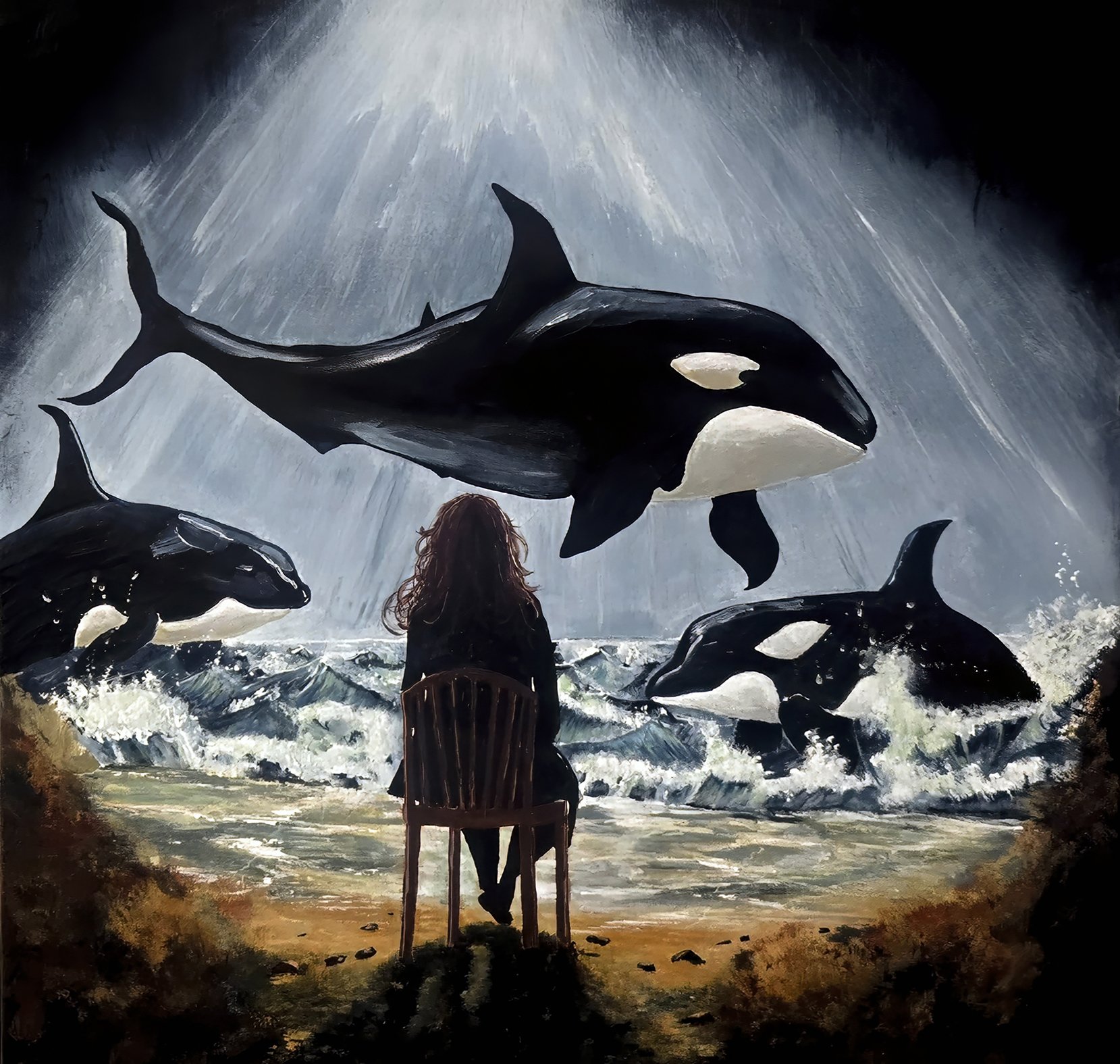Narrative painting of a woman surrounded by orcas in a luminous ocean landscape by Danish artist Sanne Rosenmay