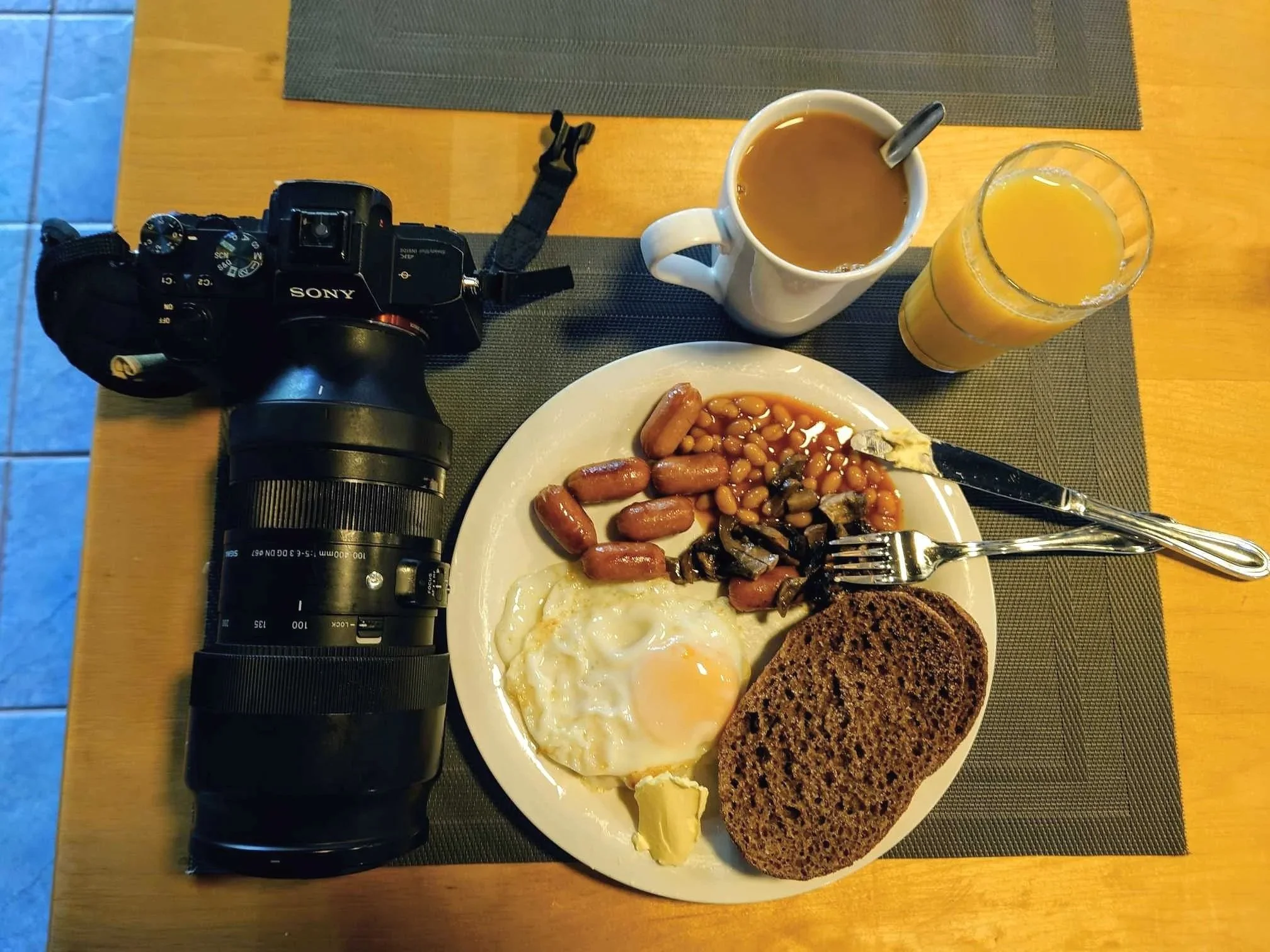 Breakfast and camera gear at Kuhmo Bear Centre after a night spent photographing wildlife in the Finnish wilderness