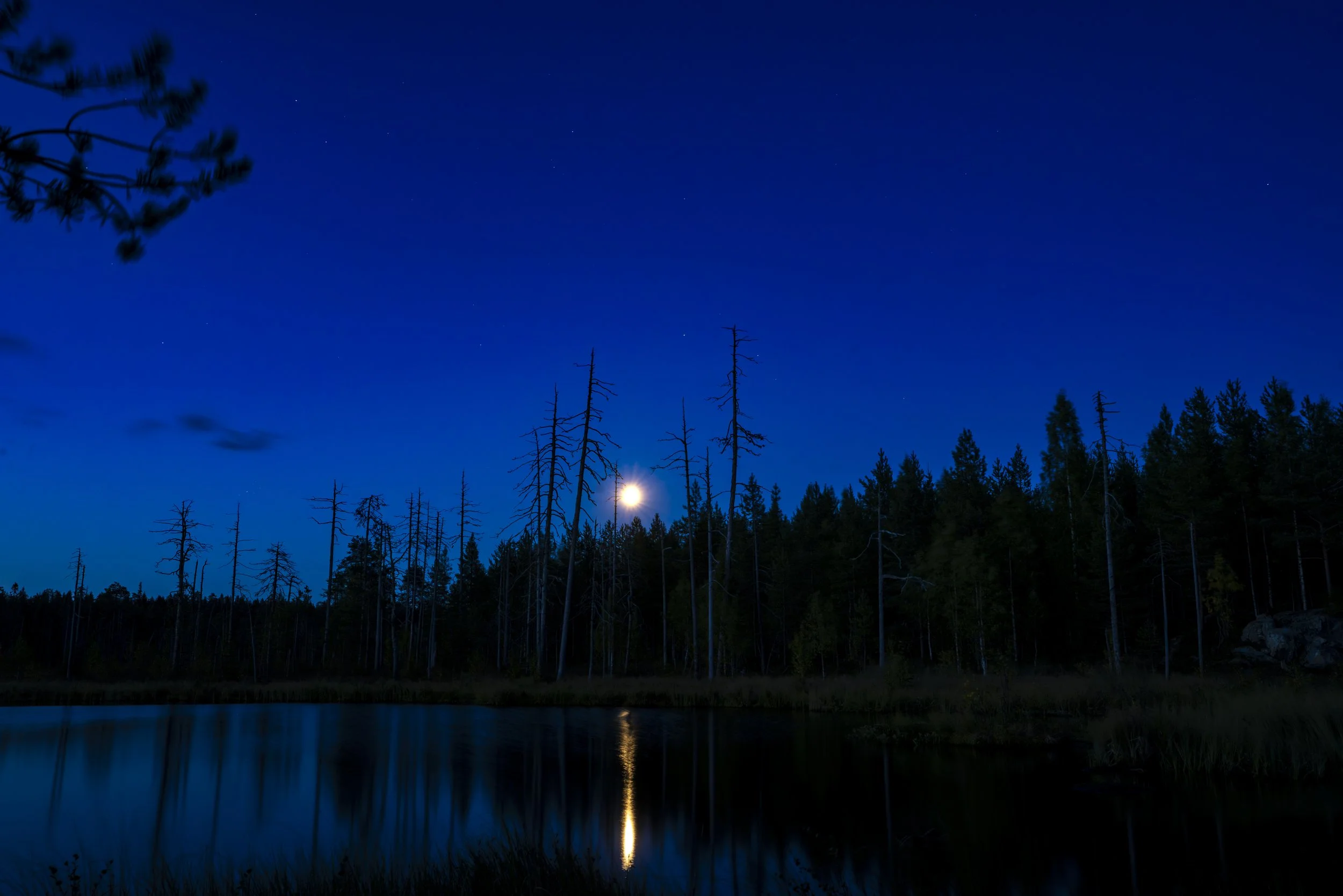 Moon over still lake in Finland