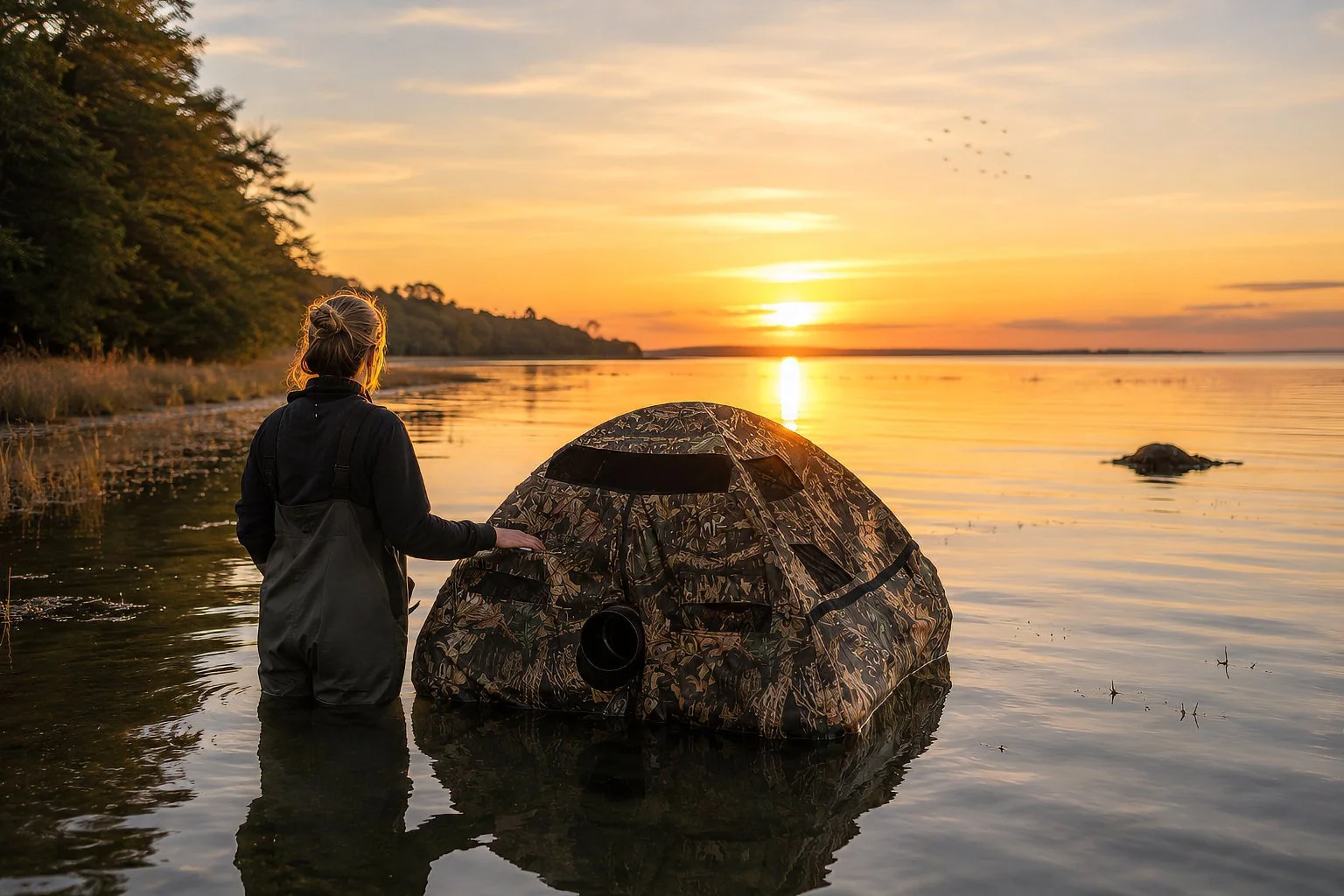  Female photographer standing in water with a floating photo hide at sunrise 