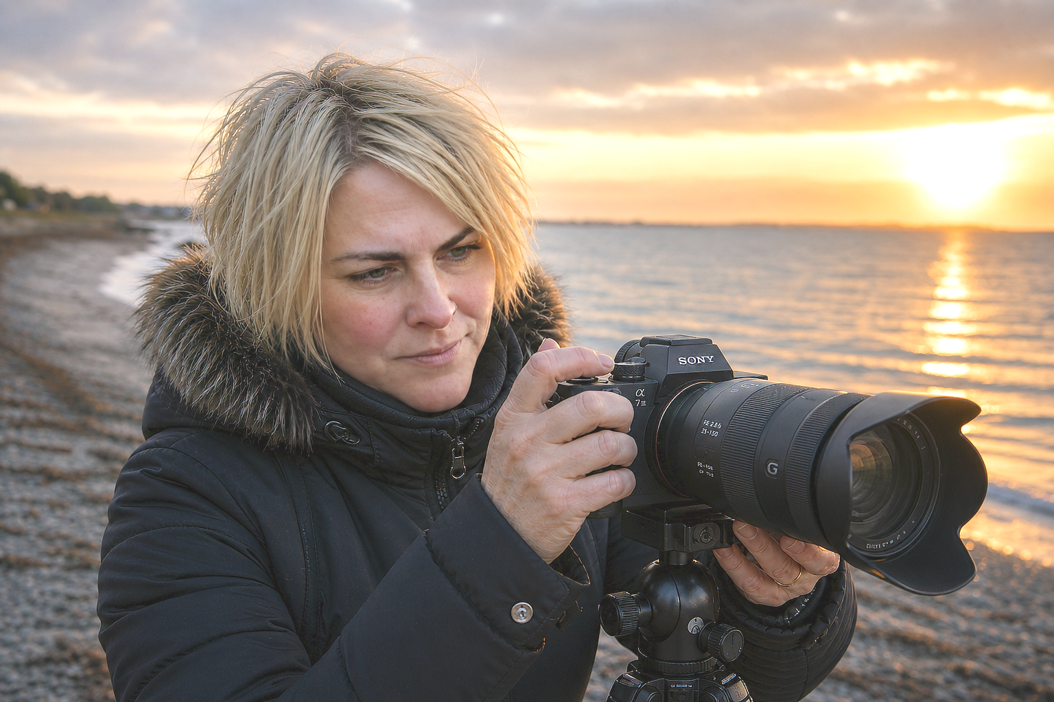 Woman with blonde hair in a black jacket using a Sony camera with a large lens on a tripod by the beach at sunset.