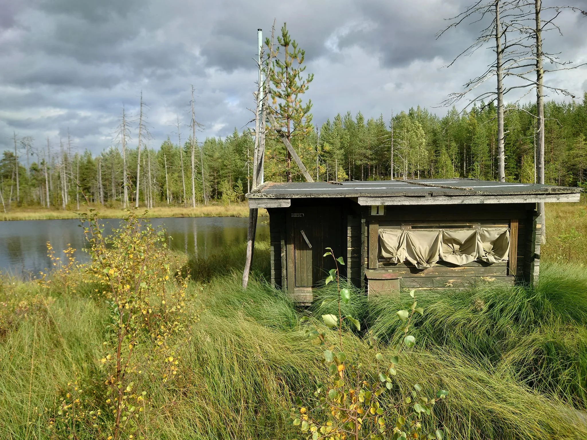 Remote wildlife photography hide overlooking a lake in the Finnish wilderness near the Russian border