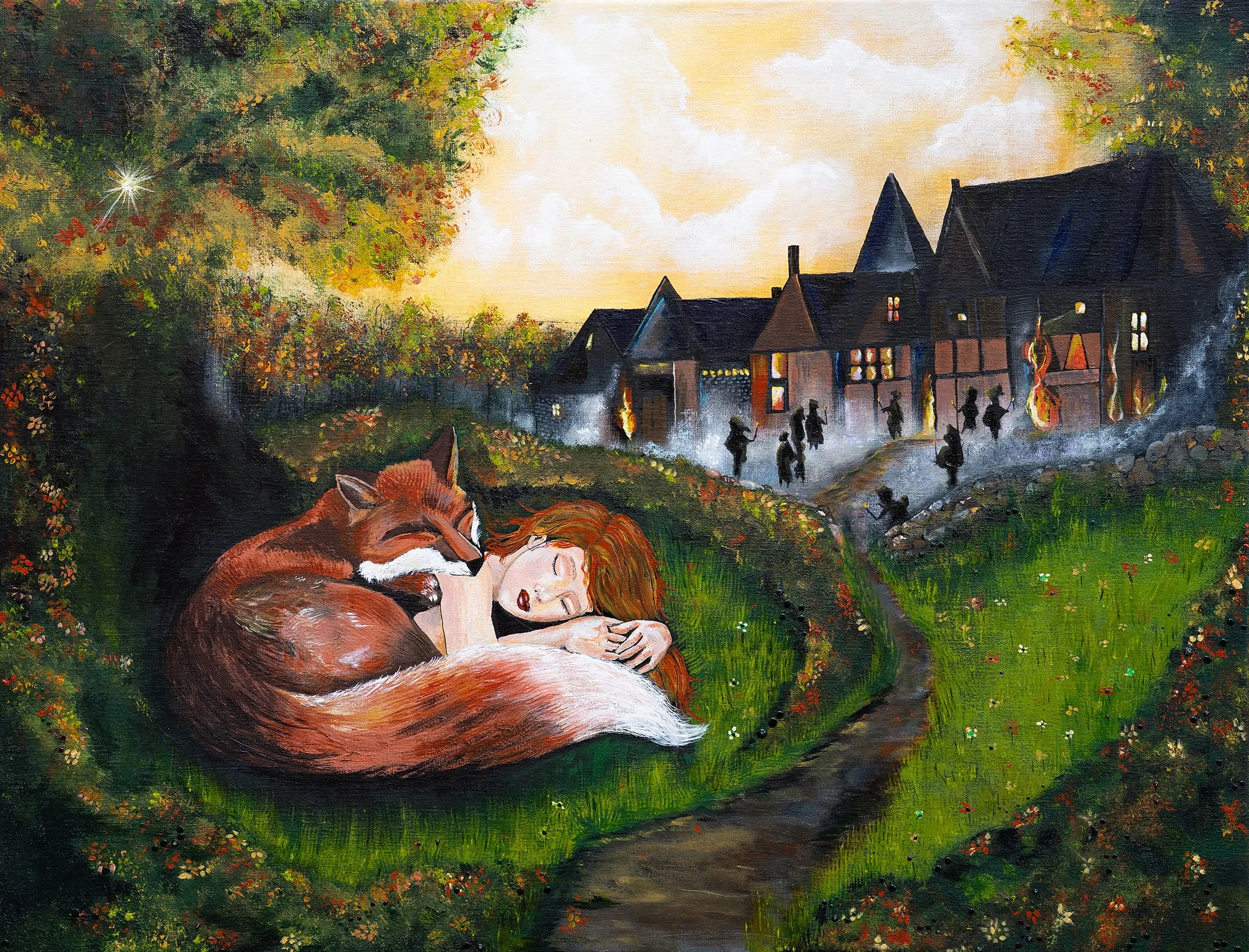 Narrative painting inspired by foxes, instinct and quiet encounters with the wild by Danish artist Sanne Rosenmay