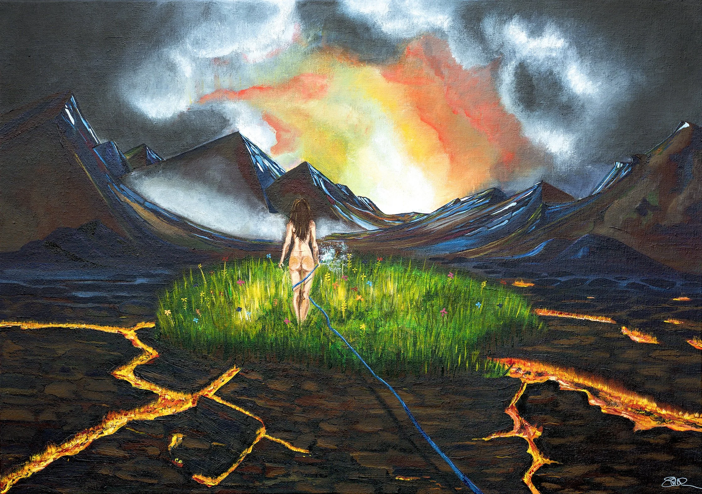 Narrative painting of a glowing figure standing in a volcanic landscape by Danish artist Sanne Rosenmay