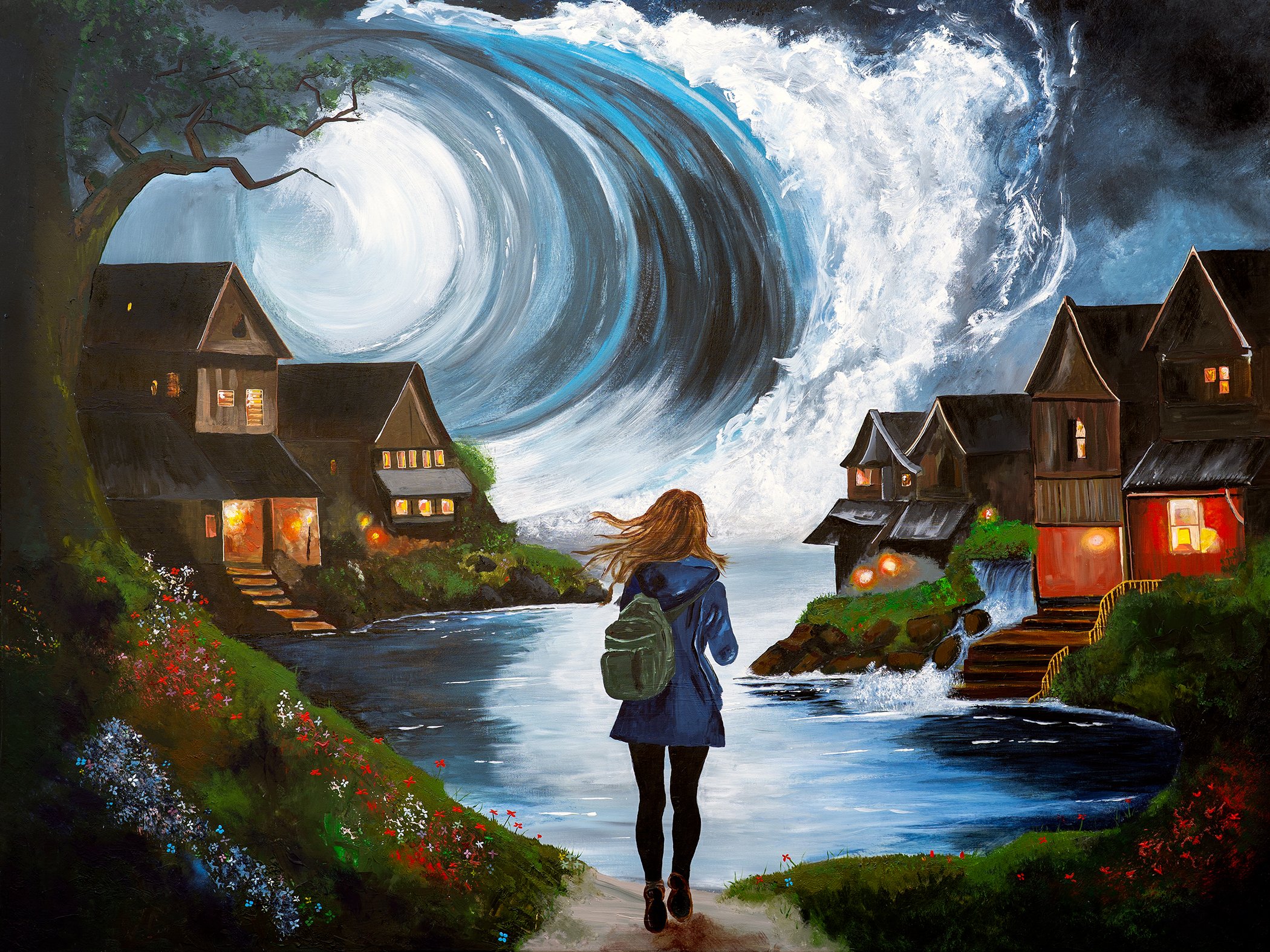 Narrative acrylic painting of a girl standing before shadowy figures and glowing ruins by Danish artist Sanne Rosenmay
