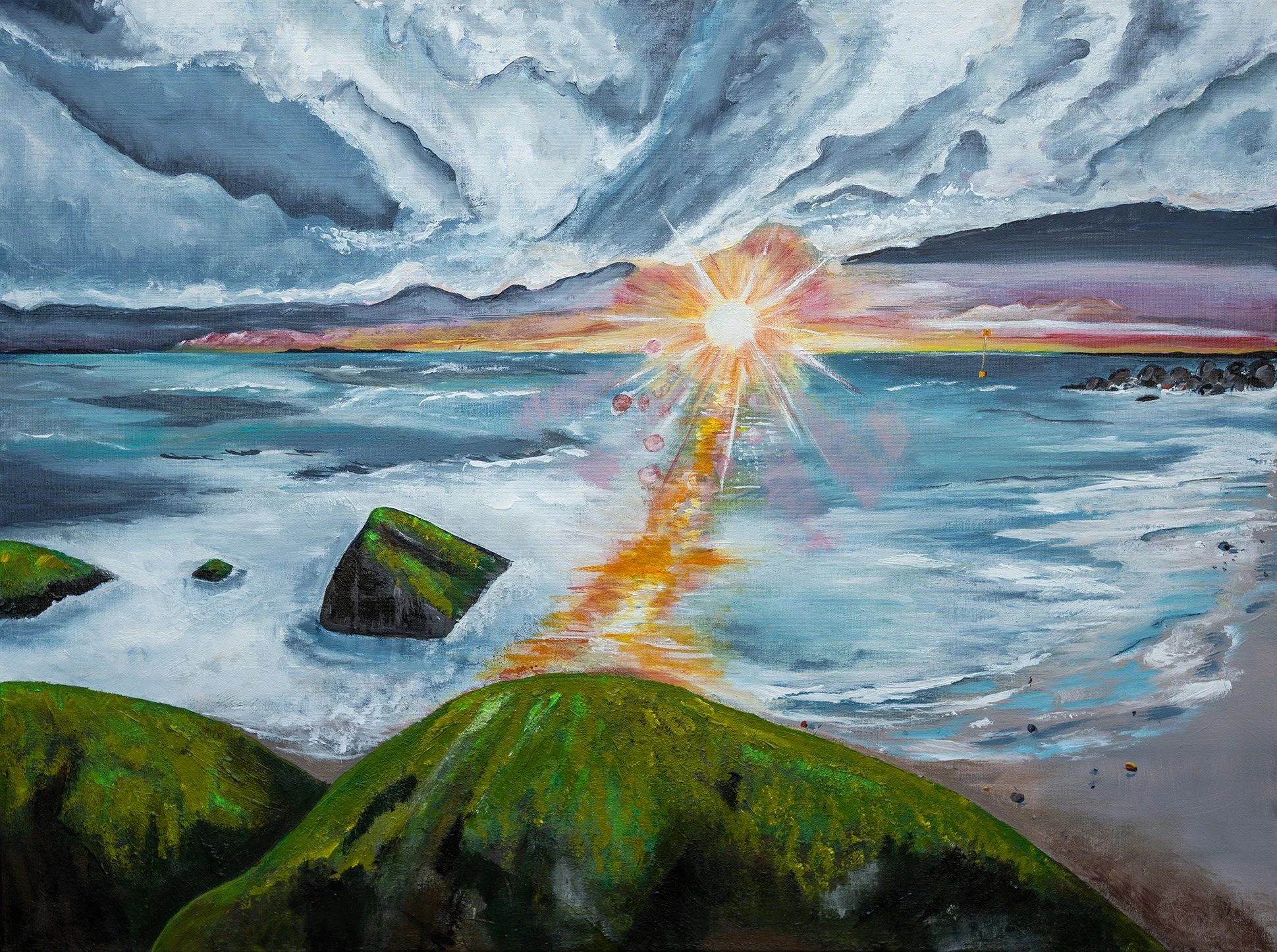 Luminous seascape painting with glowing sunlight and moss-covered rocks by Danish artist Sanne Rosenmay