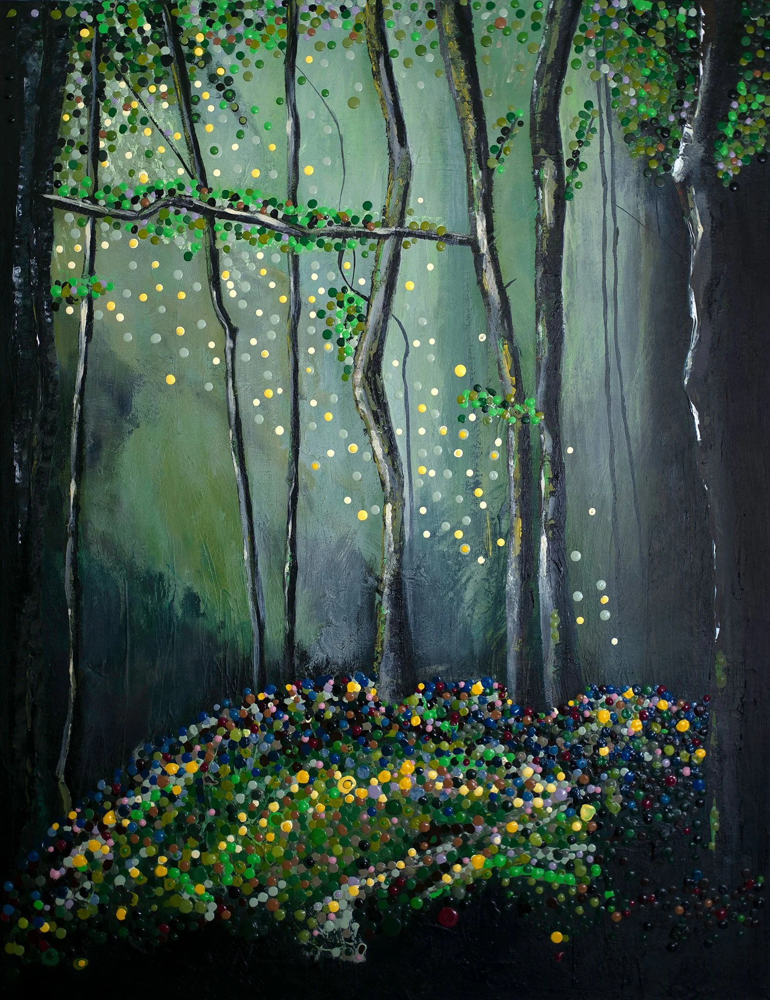 Atmospheric forest painting with glowing light and abstract floral details by Danish artist Sanne Rosenmay