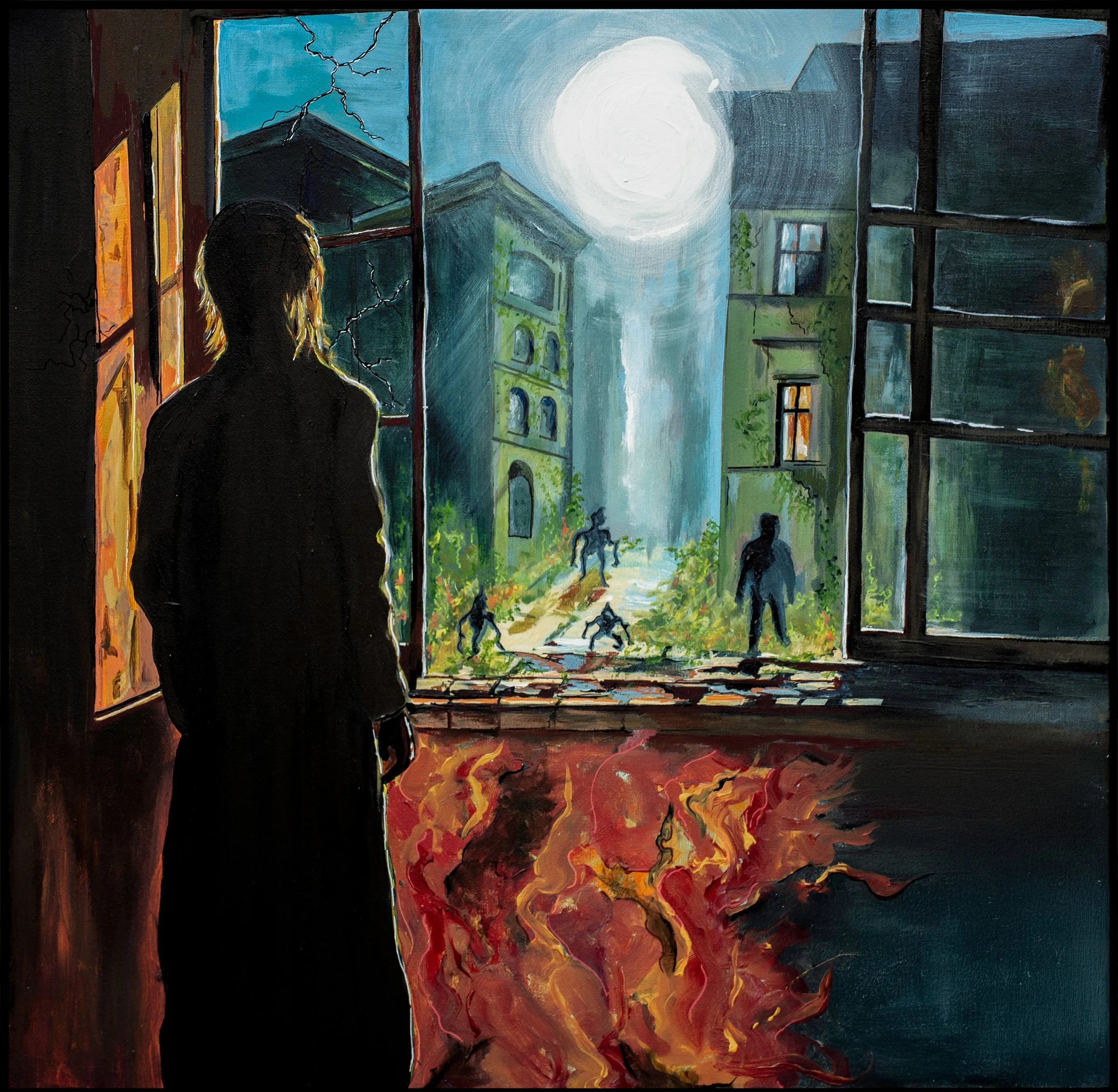 Painting of a person standing inside looking out a window at a cityscape at night. The moon is bright in the sky, illuminating abandoned buildings and people on the street below, some running from an apparent fire.