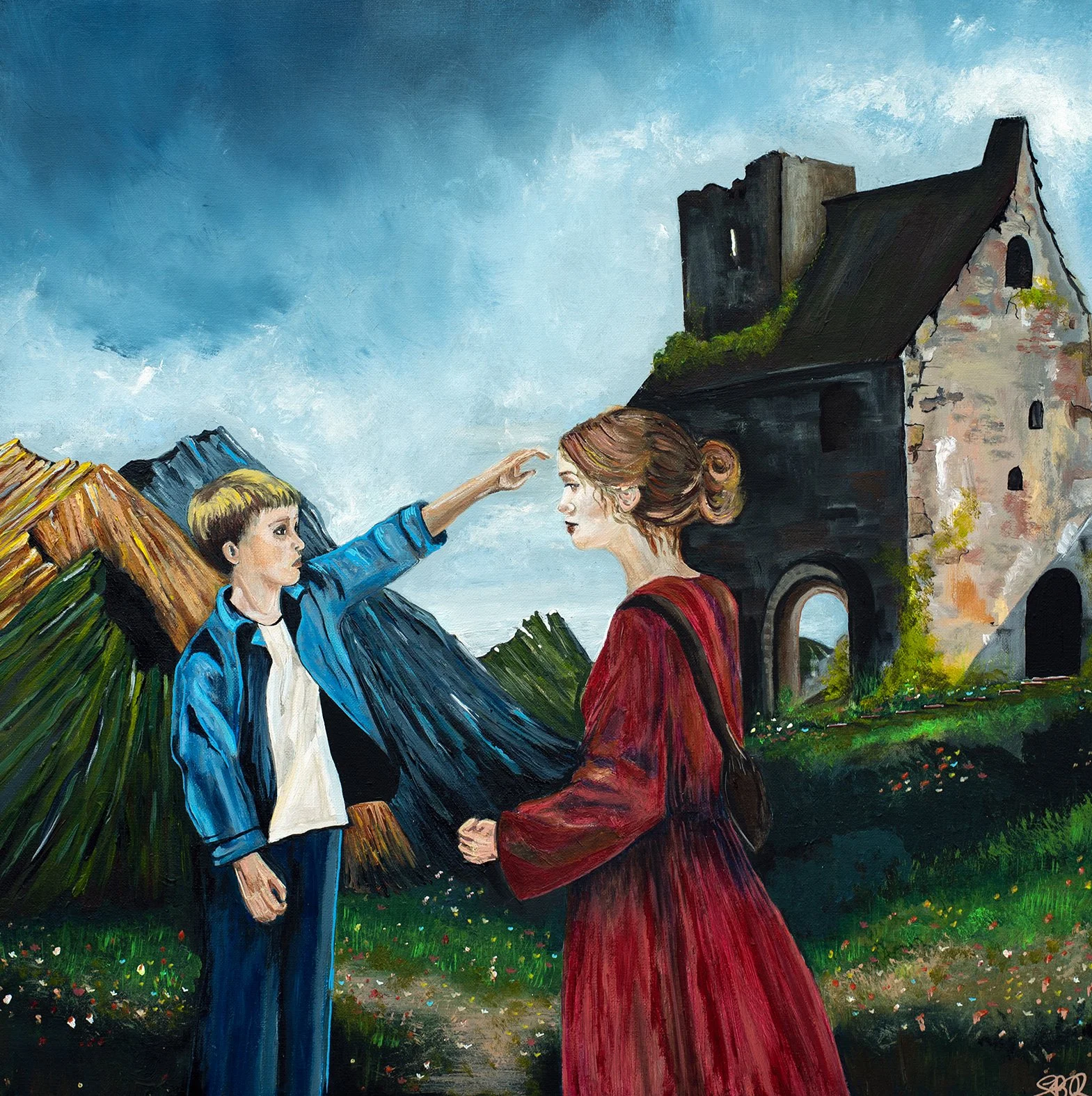 A woman in a red dress and a young boy in a blue jacket are interacting outside near a ruined stone building with a dark, angled roof. The boy appears to be reaching out to the woman, who is facing him. The background shows a cloudy sky, and the foreground has grass and small flowers.