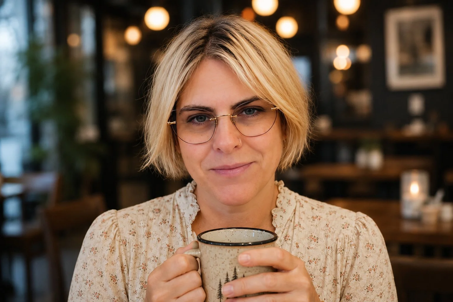 Sanne Rosenmay smiling to the camera while holding a cup of coffee