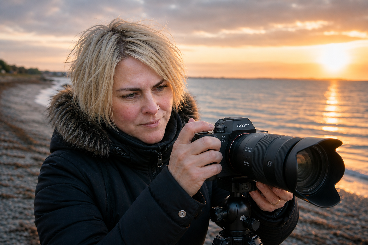 Nature photographer photographing coastal landscape during golden hour