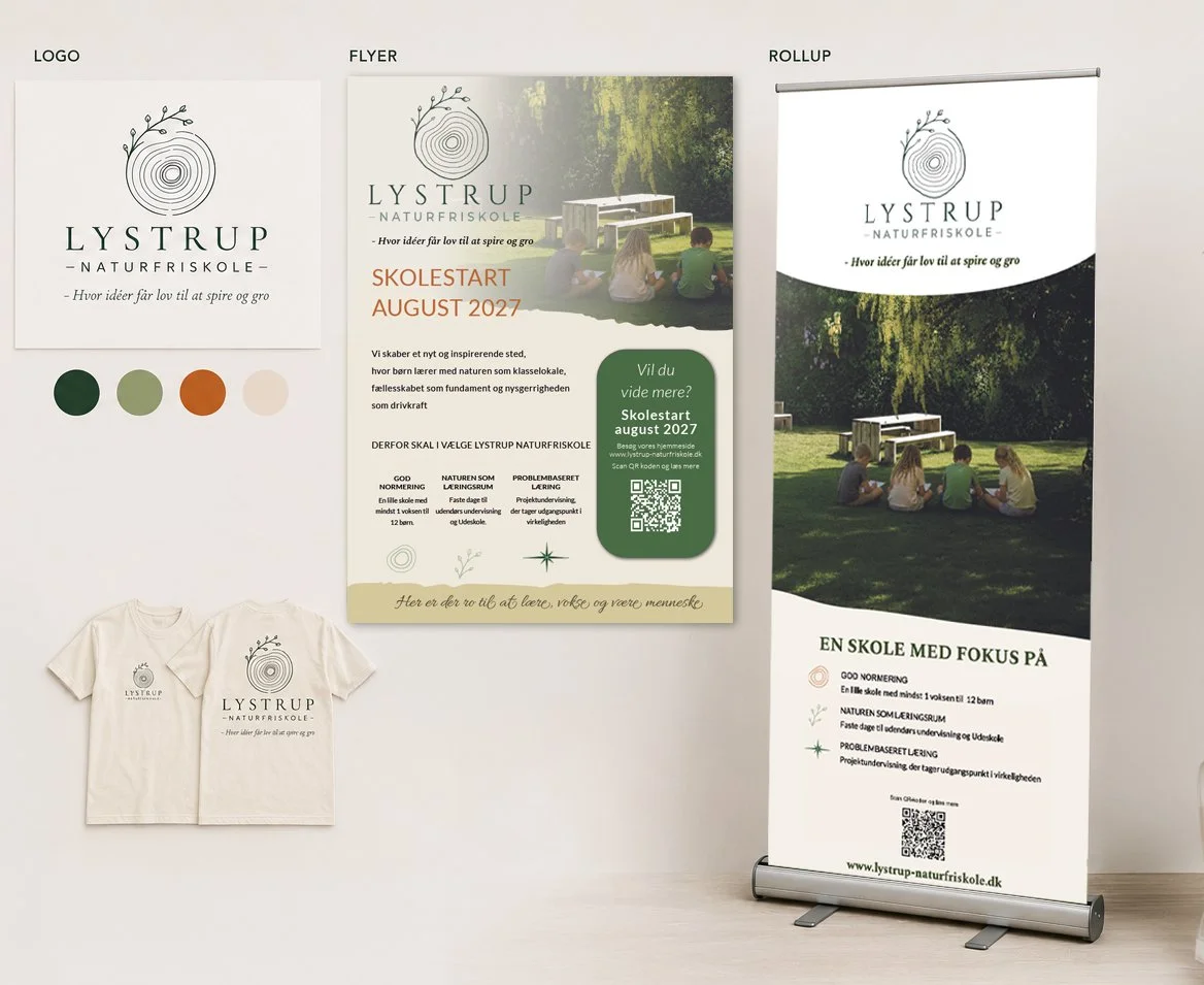 Logo, flyer og rollup designet til Lystrup naturfriskole af Sanne Rosenmay