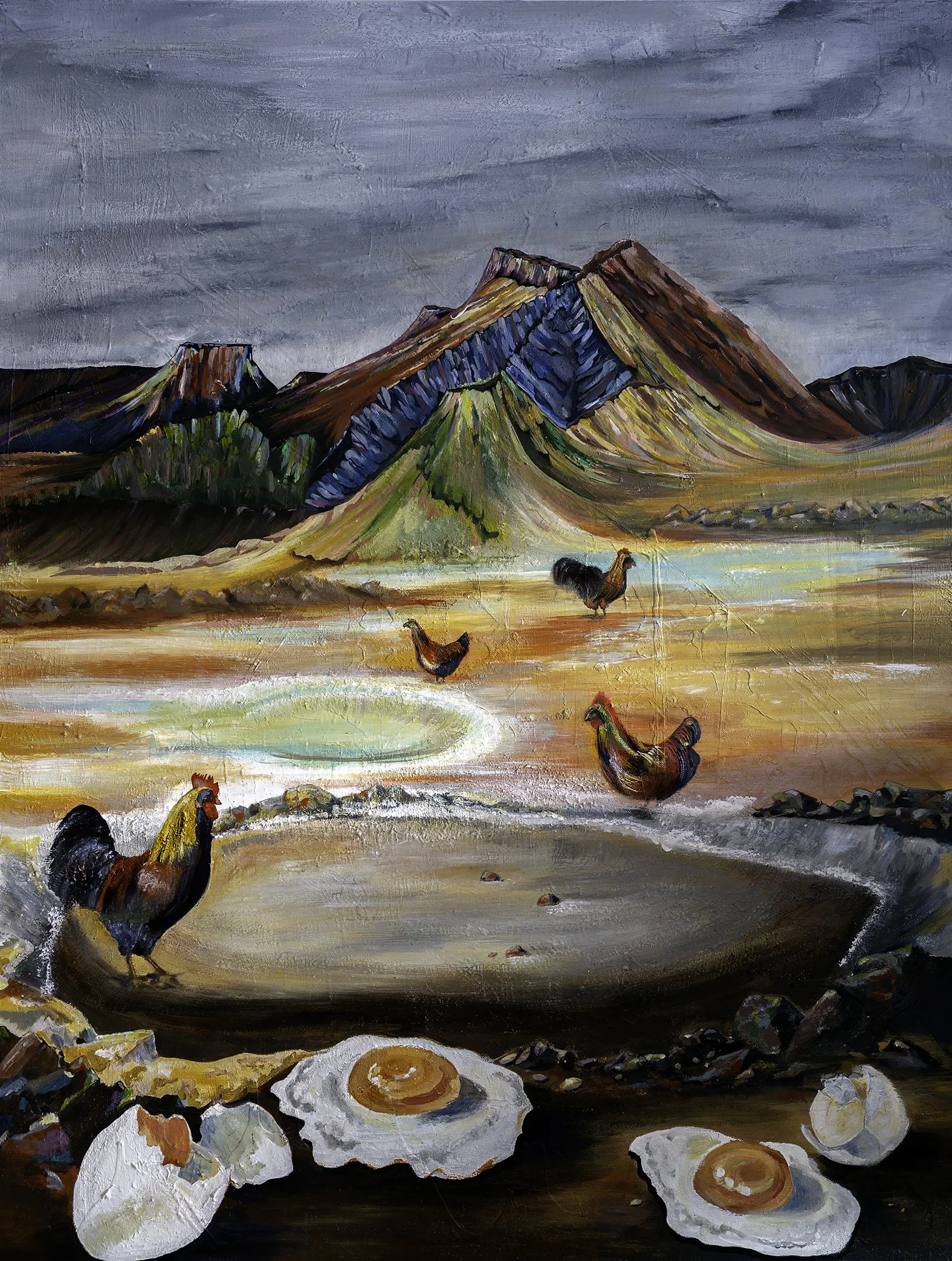 Colorful landscape painting with roosters and mountains inspired by Nordic nature by Danish artist Sanne Rosenmay