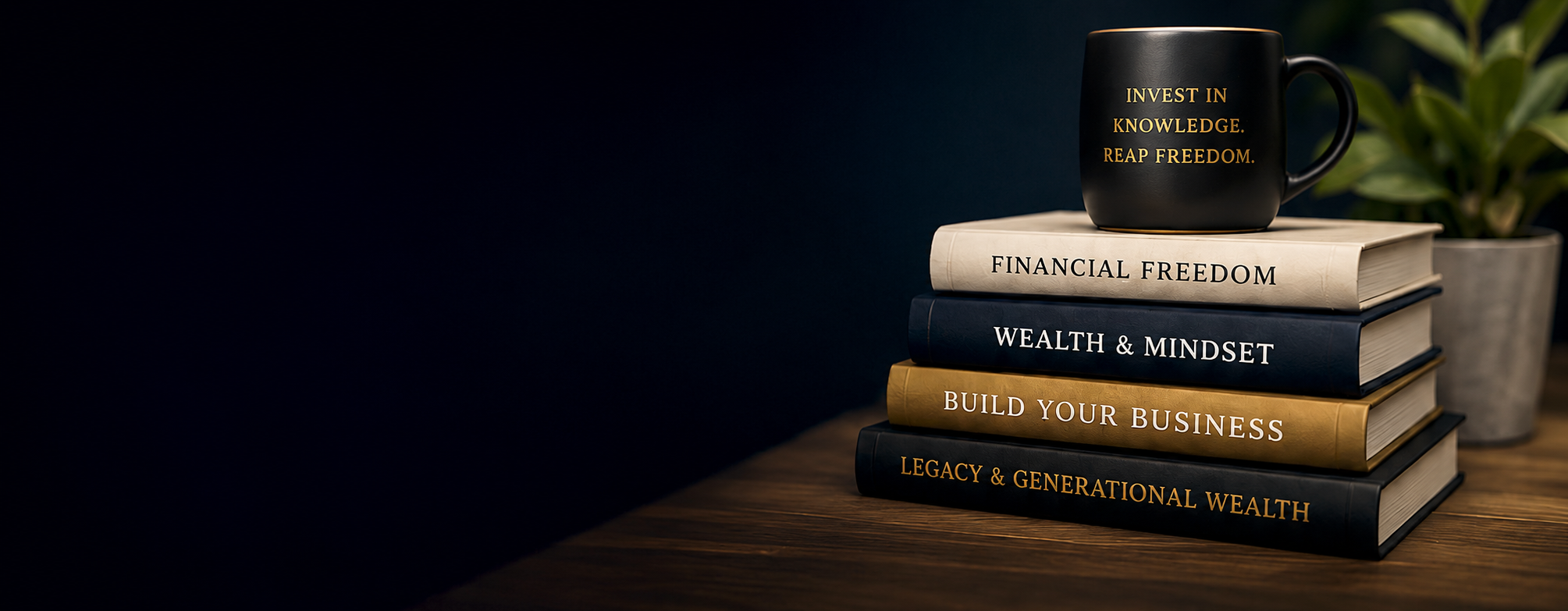 Stack of five books on a wooden surface with a black mug on top, the mug has gold text saying "Invest in Knowledge. Reap Freedom". The books have titles: "Financial Freedom," "Wealth & Mindset," "Build Your Business," and "Legacy & Generational Wealth". There is a potted plant in the background.
