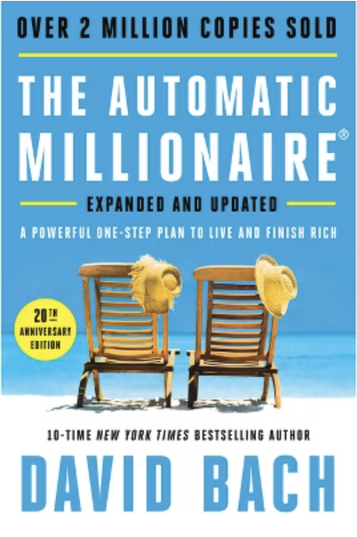 Book cover titled 'The Automatic Millionaire' by David Bach, celebrating over 2 million copies sold, with two wooden chairs on a beach, each with a straw hat hanging on the backrest, and a yellow badge indicating 20th anniversary edition.