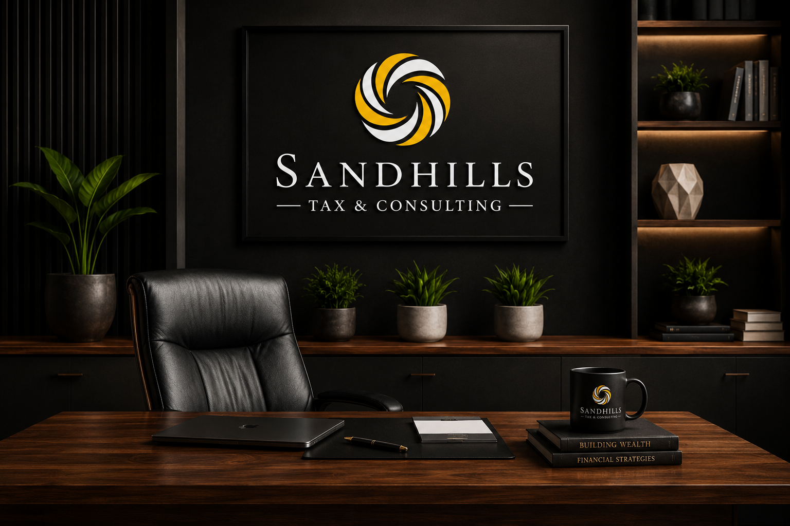 An office with a dark interior featuring a large wall sign that says 'Sandhills Tax & Consulting' with a yellow and black swirl logo. The desk has a laptop, a notebook, a pen, a coffee mug with the company logo, and two books titled 'Building Wealth' and 'Financial Strategies'. There are green plants on the desk and a shelf with decorative items and books in the background.