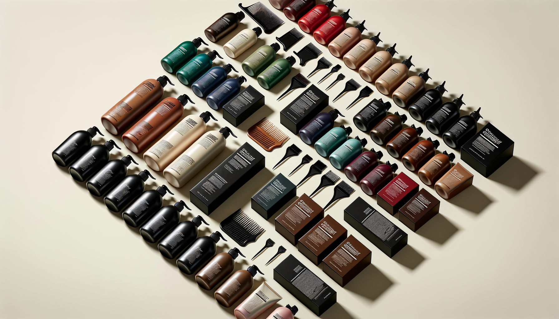 A flat lay of hair care products, including bottles, boxes, brushes, and applicators, organized in rows by color on a light surface.