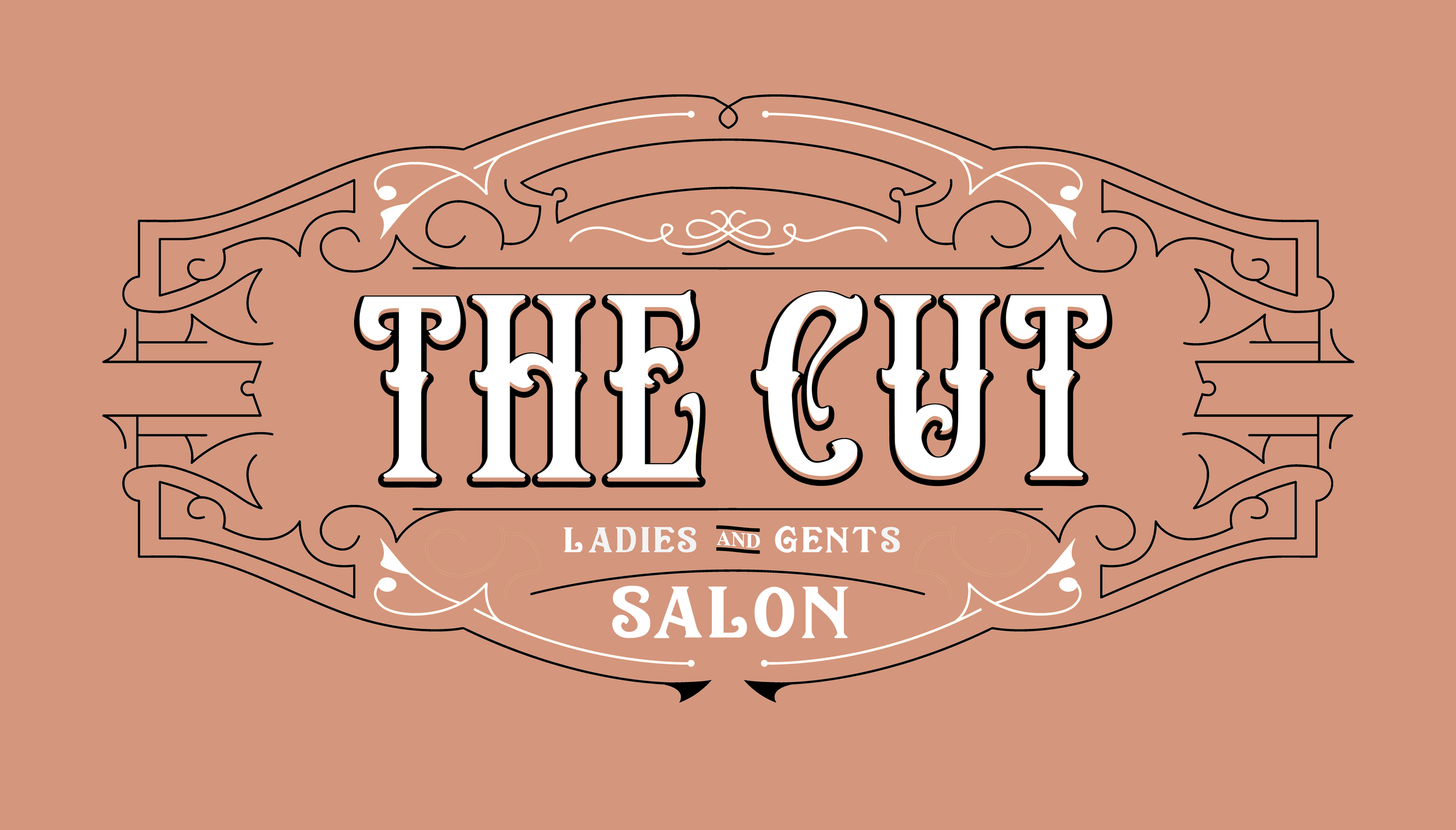 Vintage-style sign for The Cut Ladies and Gents Salon with decorative borders and text on a peach background.